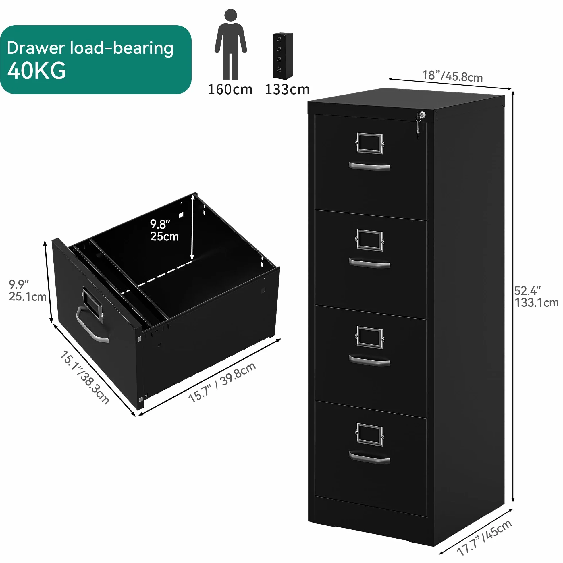 YITAHOME Archivador vertical con 4 cajones, con cerradura para tamaño carta/legal/A4, cajones de almacenamiento antivuelco con ranura para tarjetas de taco para oficina en casa, negro, 45,8 x 45 x 133