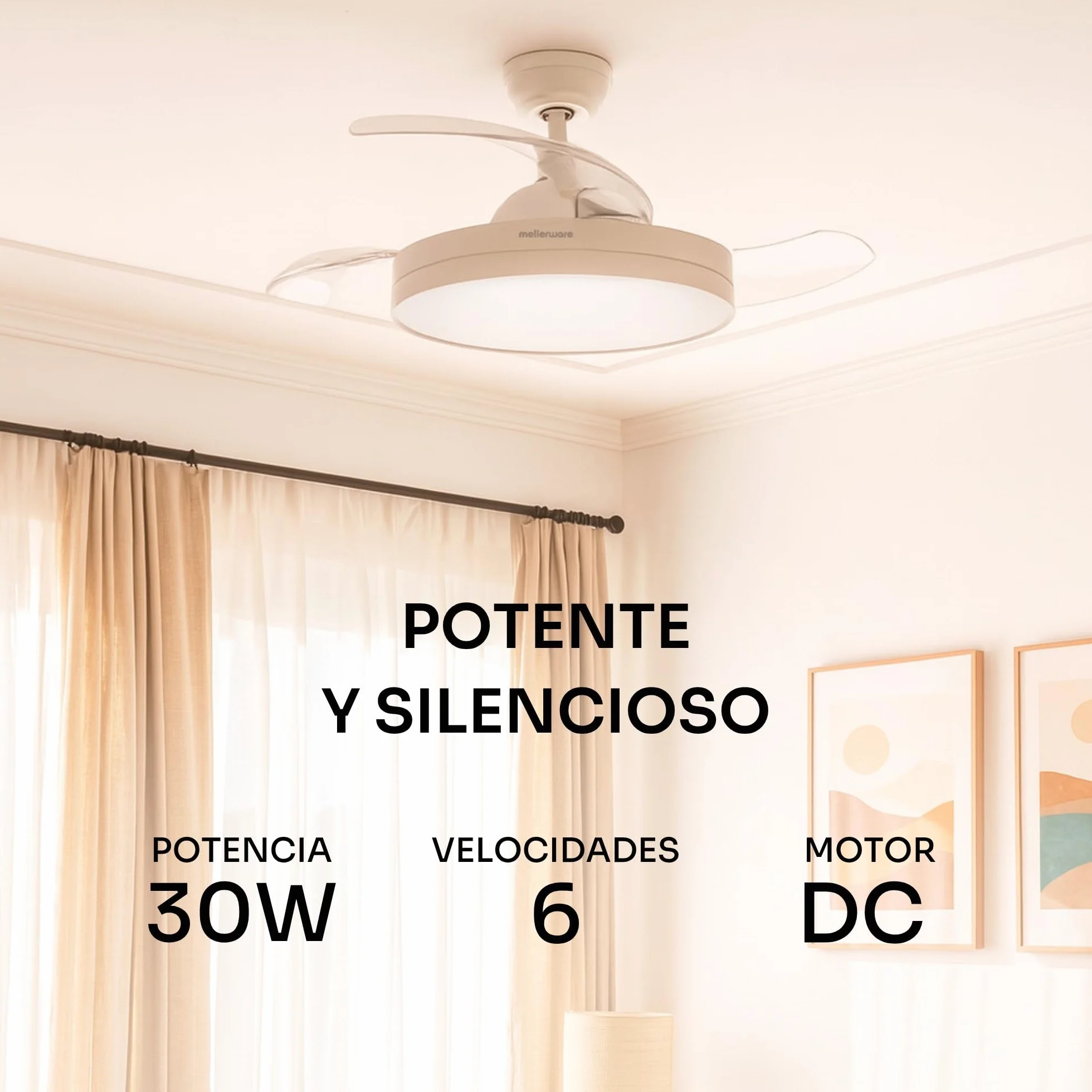 Mellerware - Ventilador de techo retráctil Brizy plegable de 40 W | 6 velocidades | 3 aspas | Ø 106 cm | Motor DC ultra silencioso | Temporizador | Función verano invierno | Luz LED