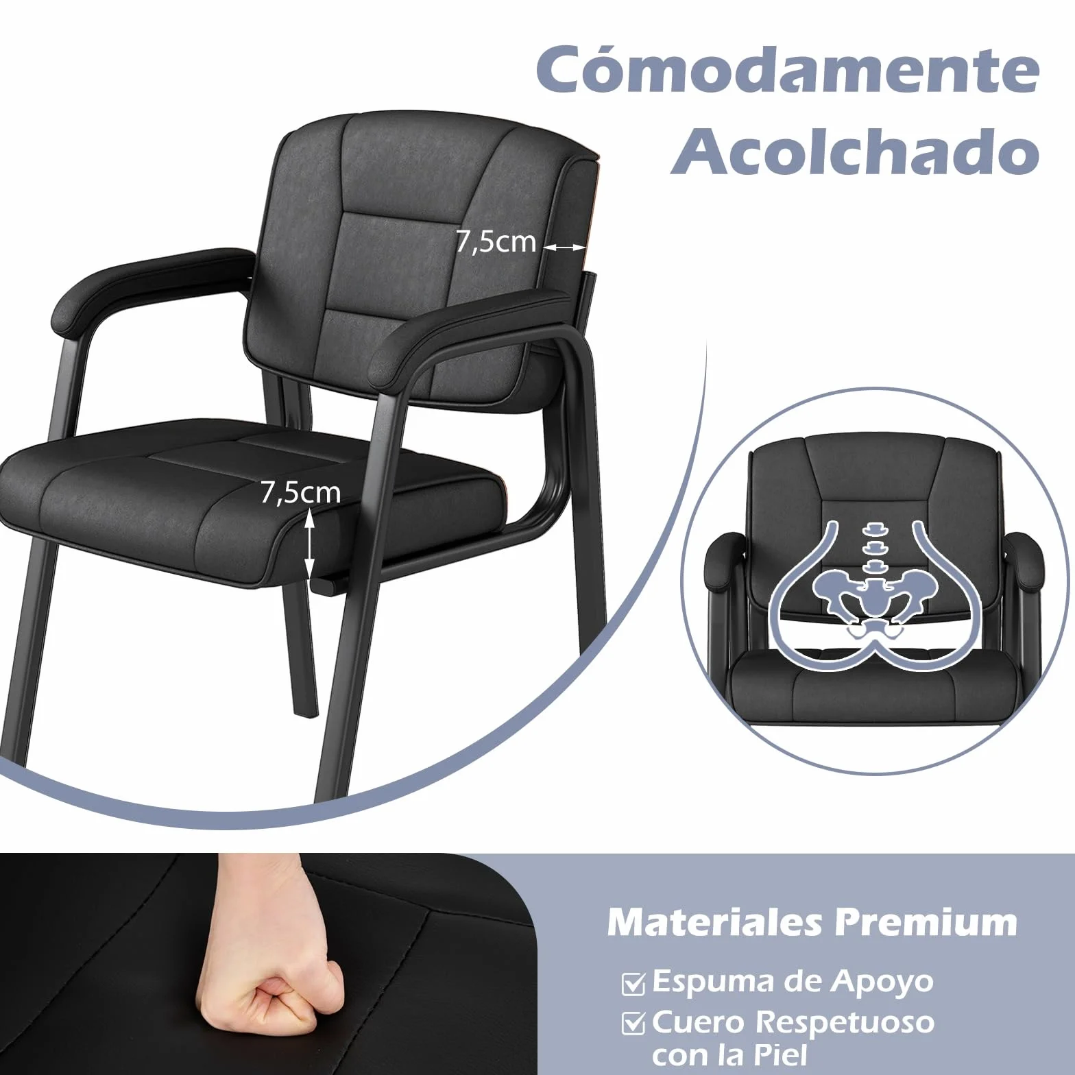 COSTWAY 2 Sillas Sala de Espera, Brazos y Asiento Acolchado, Sillas Confidente de Cuero Artificial, Respaldo Ergonómico, sin Ruedas, Oficina, Recepción, Carga 180kg (Negro)