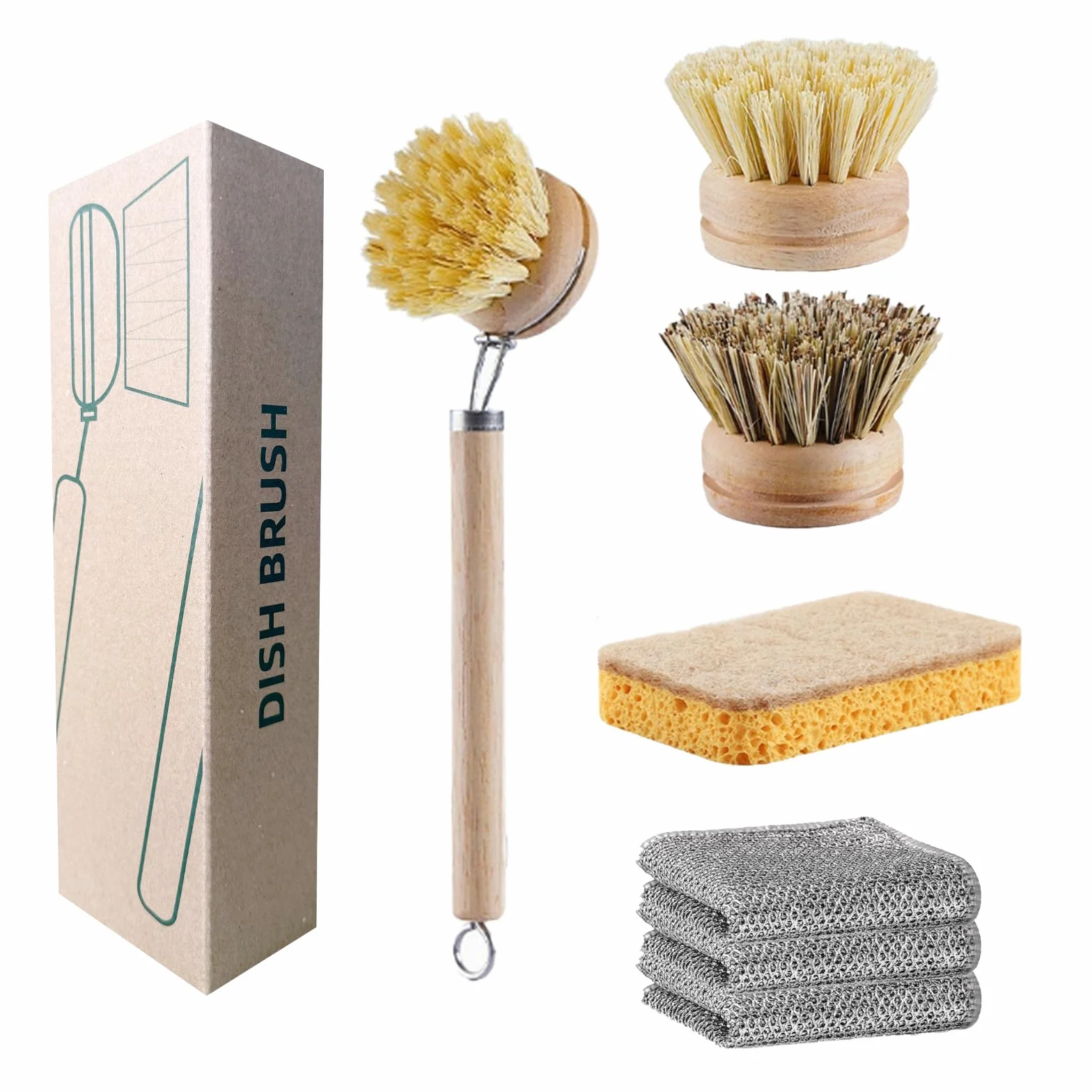 Cepillo Cocina Madera Bambu Platos Limpieza, Cepillo Lavavajillas, Ecológico Natural, 1 Mango Y 3 Cabezas De Reemplazo, 1 Esponja Y 3 Trapos Cocina