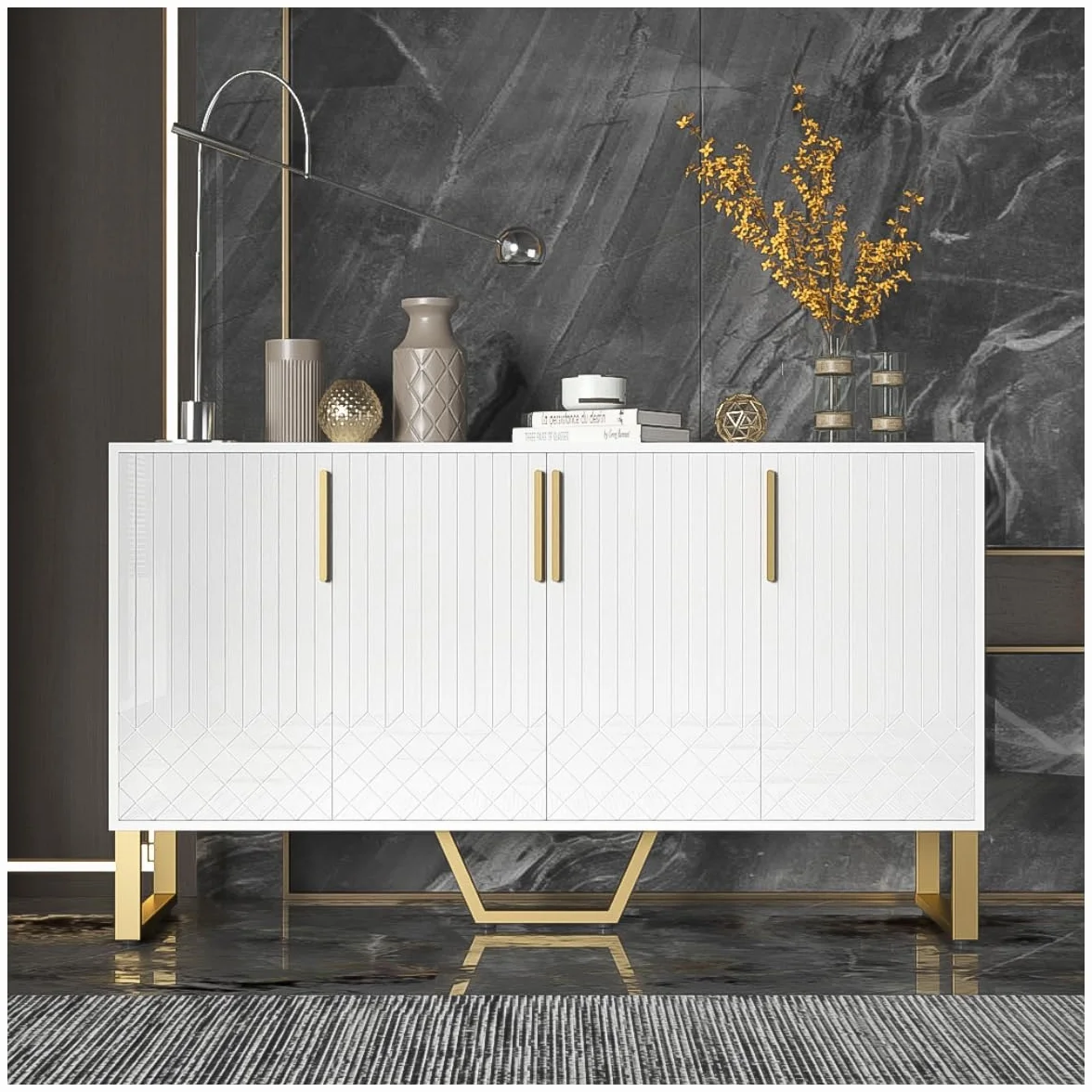 Aparador brillante, 4 puertas, tiradores y patas de metal, diseño geométrico en blanco, 140L*40L*80H, apto para salas de estar