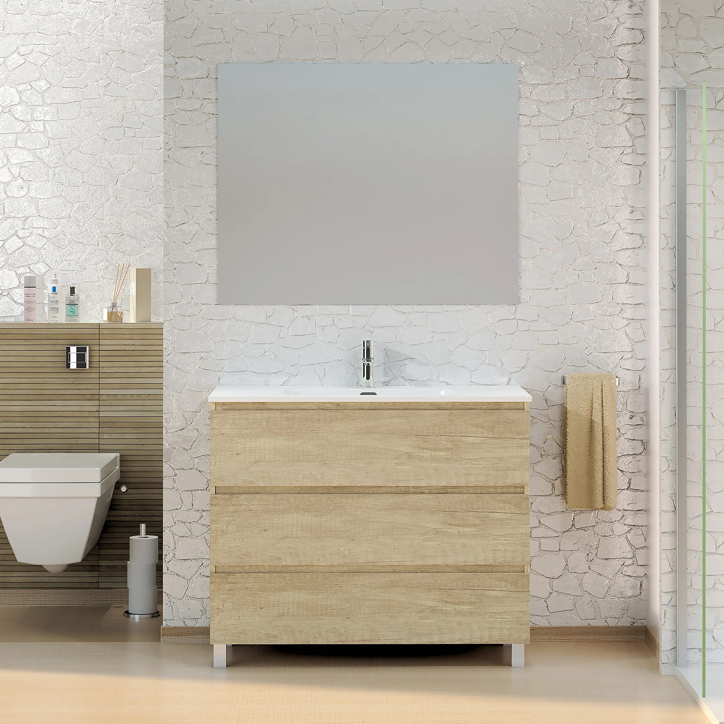 Baikal Mueble de Baño TRIX, Distribución de 3 cajones, con Patas y con Lavabo cerámico. Melamina 16mm. Distintas Medidas y Acabados Disponibles. Mueble MONTADO