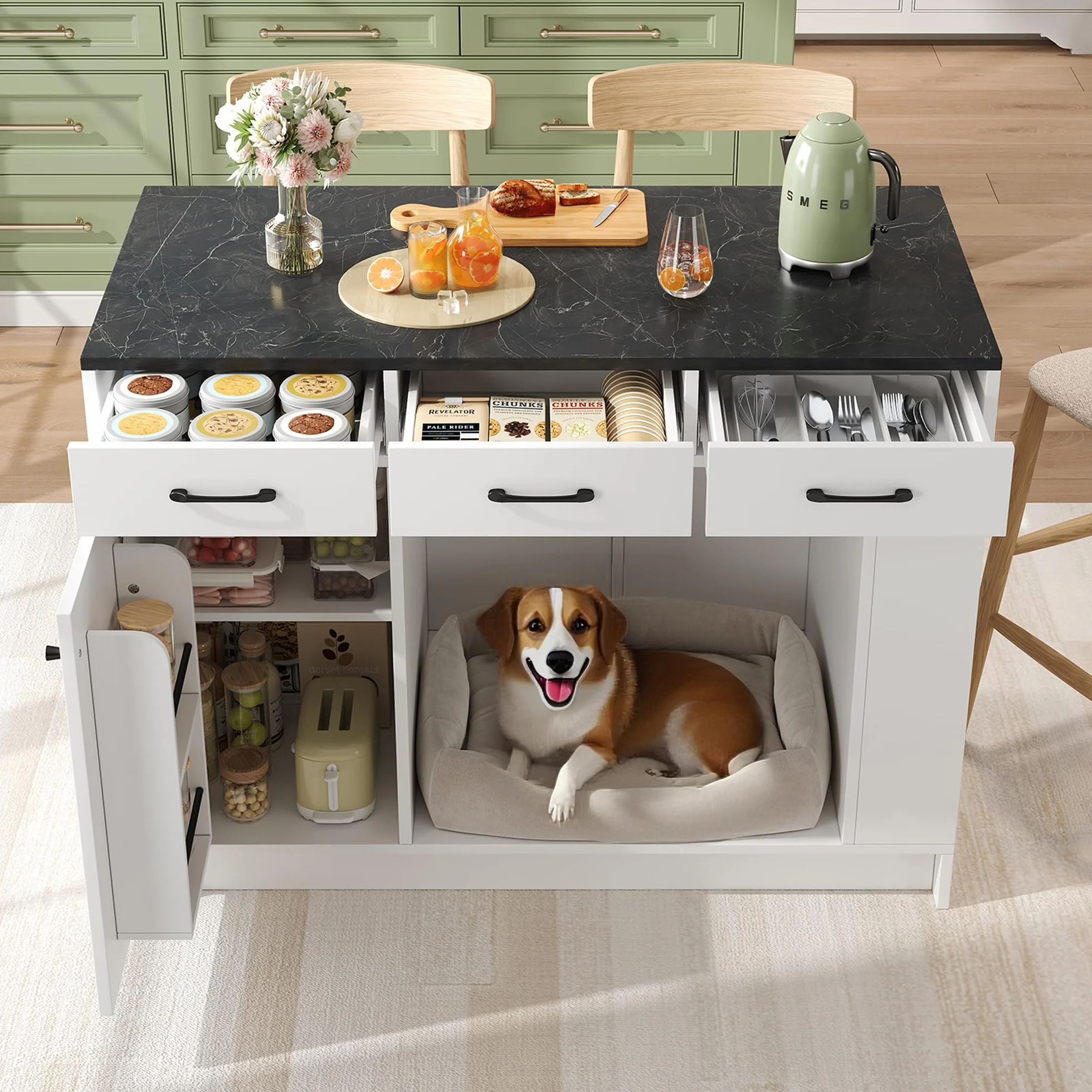 Soweiz Isla de cocina con cajón y estante para especias, blanco, 120 x 60 x 90 cm | Armario de cocina con zona para mascotas, carrito de cocina con zona de descanso para mascotas