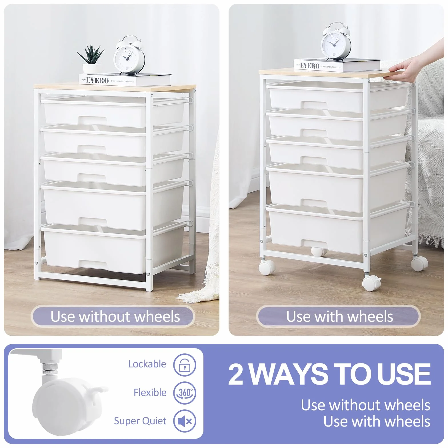 SYKIARIOL Carrito utilitario con 5 cajones, carrito de almacenamiento con mesa de madera y ruedas bloqueables, carrito de almacenamiento de manualidades, carrito de utilidad rodante de 5 niveles con