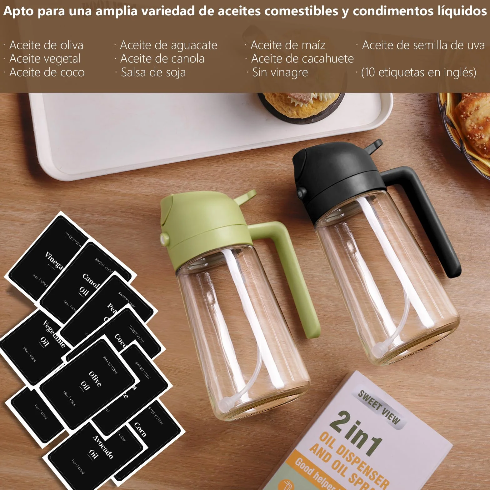 SWEET VIEW 470ml 2 en 1 Dispensador de Aceite y Pulverizador de Aceite, Vertedor Dispensador de Aceite de Oliva para, Cocina, Cocinar,Freidora de Aire,Ensalada, Barbacoa (Negro)