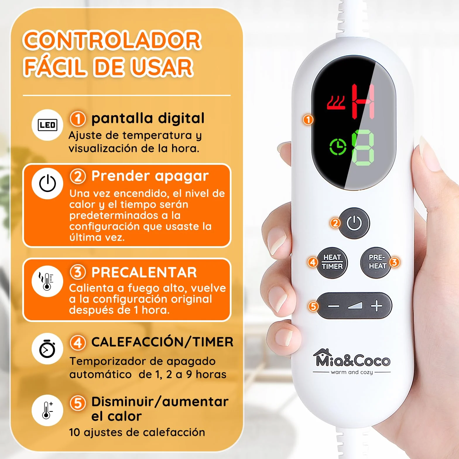 Manta Eléctrica Térmica 130x180cm 10 Niveles Calor Temporizador 1-9H Pantalla LED Caqui