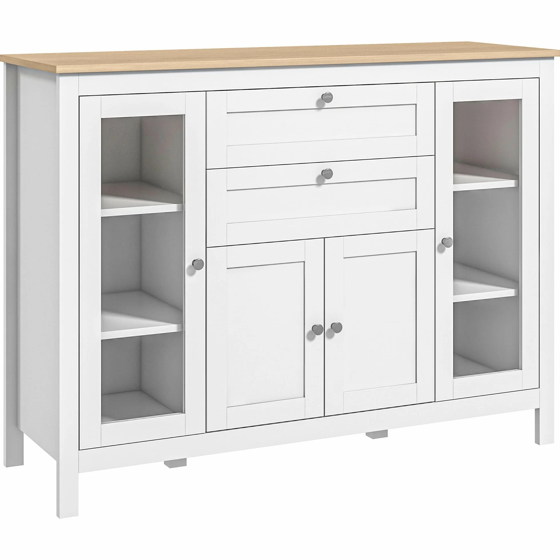 HOMCOM Aparador de Cocina con Armario 2 Cajones 2 Puertas de Vidrio y Estantes Ajustables Muebles Auxiliar de Almacenaje para Comedor Salón 120x40x90 cm Blanco