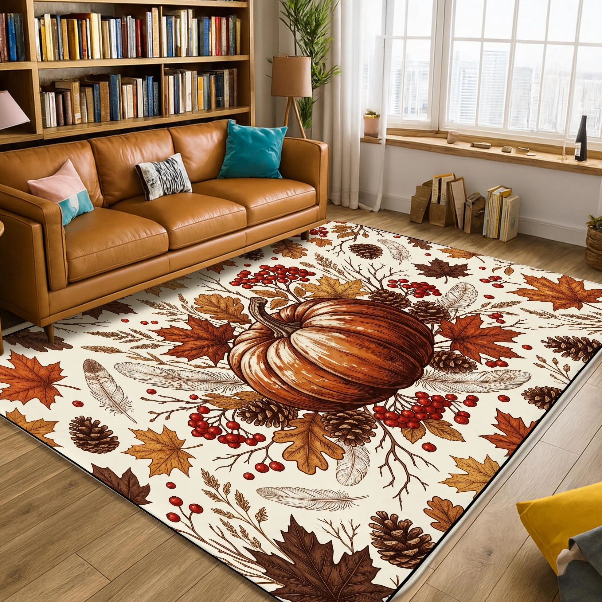 Alfombra de área de calabazas, rústica, tradicional, hojas, bayas, otoño, naranja, de pelo bajo, alfombra rectangular para el suelo, alfombras de suelo para sala de estar, dormitorio, aula, decoración