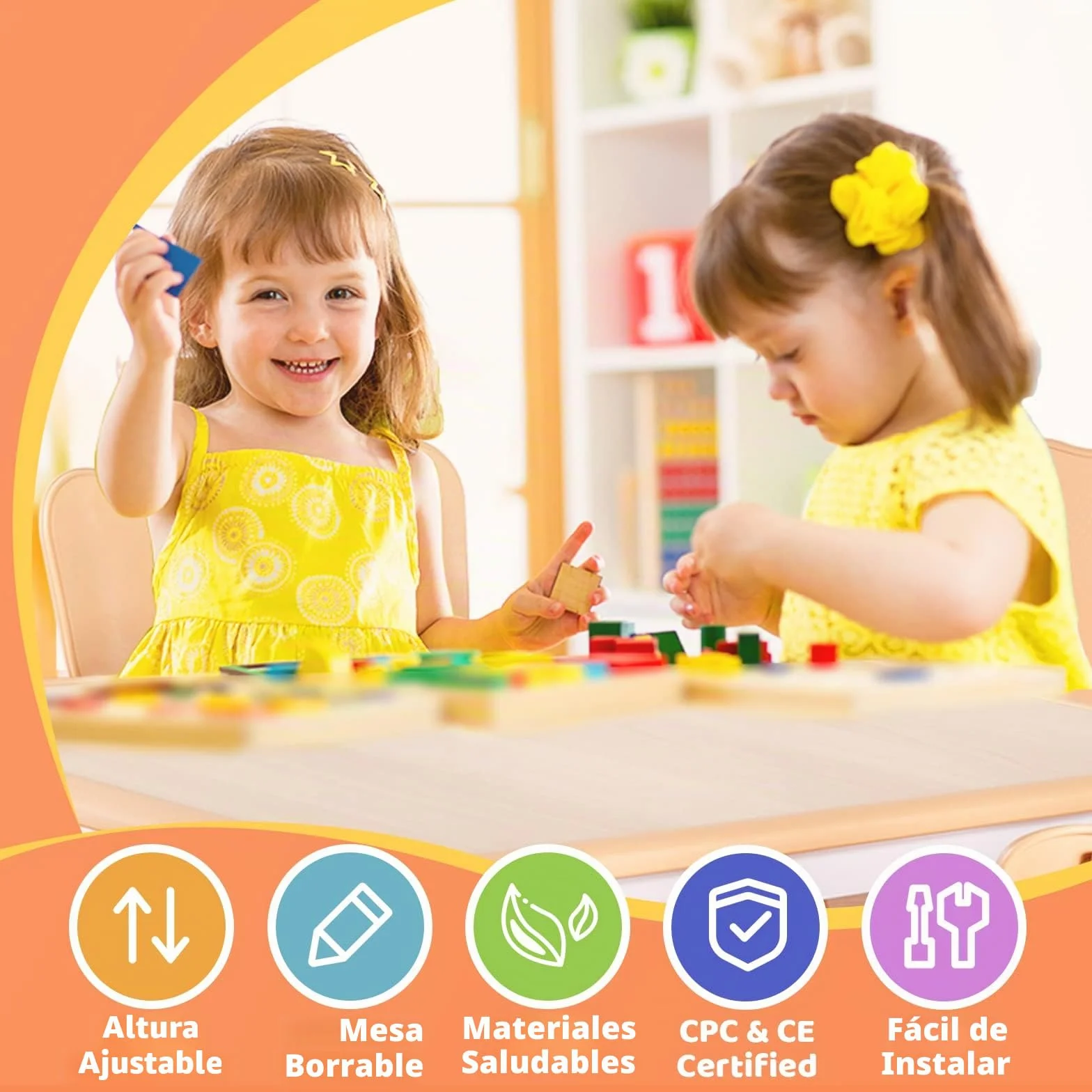 FUNLIO Mesa Infantil con 2 Sillas para Niños de 3 a 8 años, Mesa Niños Infantil de Altura Ajustable, Escritorio Niño Fácil de Limpiar, para Aulas/Hogares, Aprobado por CPC y CE (3 Piezas)