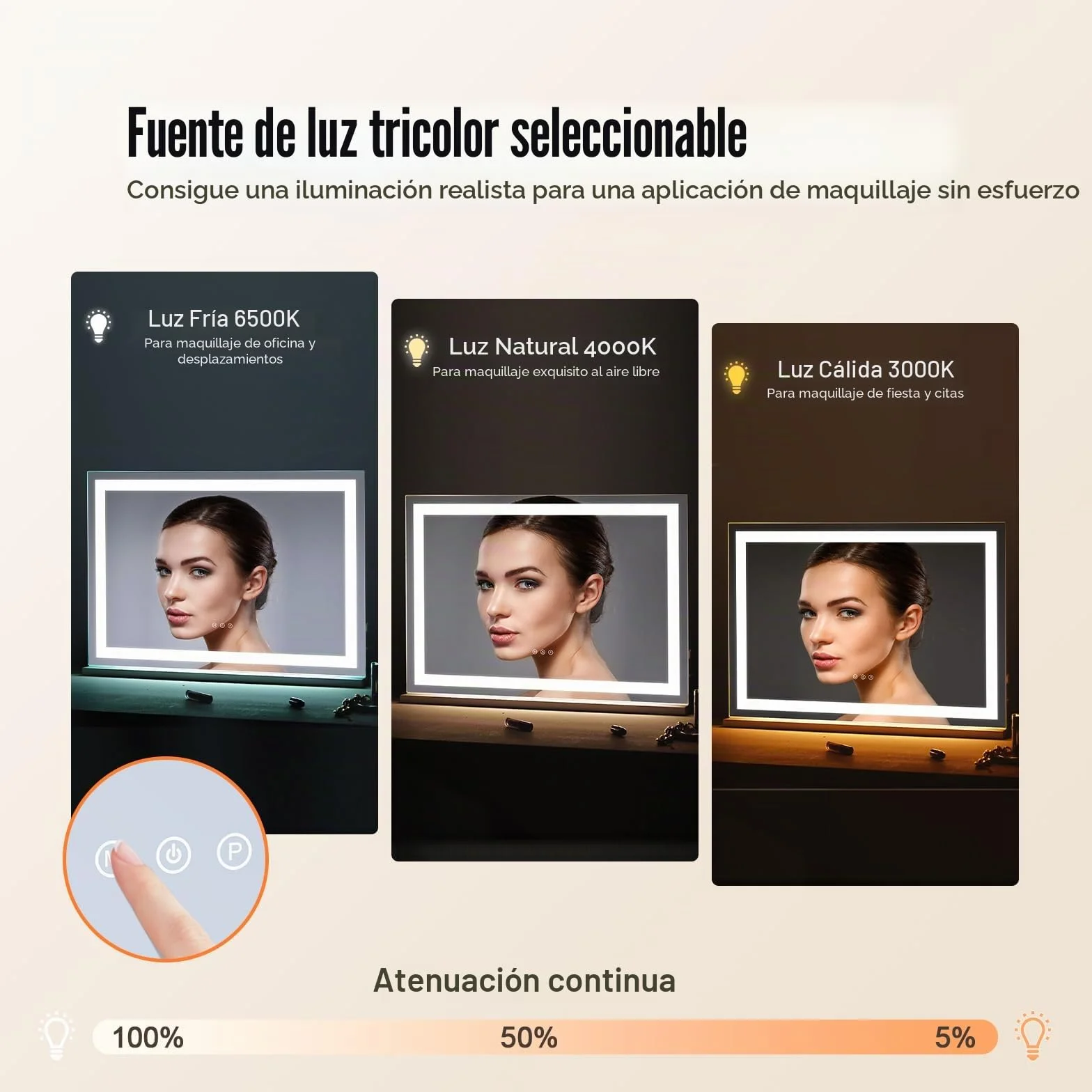 VEVOR Gran Espejo de Maquillaje Iluminado con Tres Modos de Iluminación de Color, LED Luces, Aumento de 5X, Puerto USB, Control Táctil Inteligente, Montaje en Pared de Escritorio, 800 x 120 x 572 mm