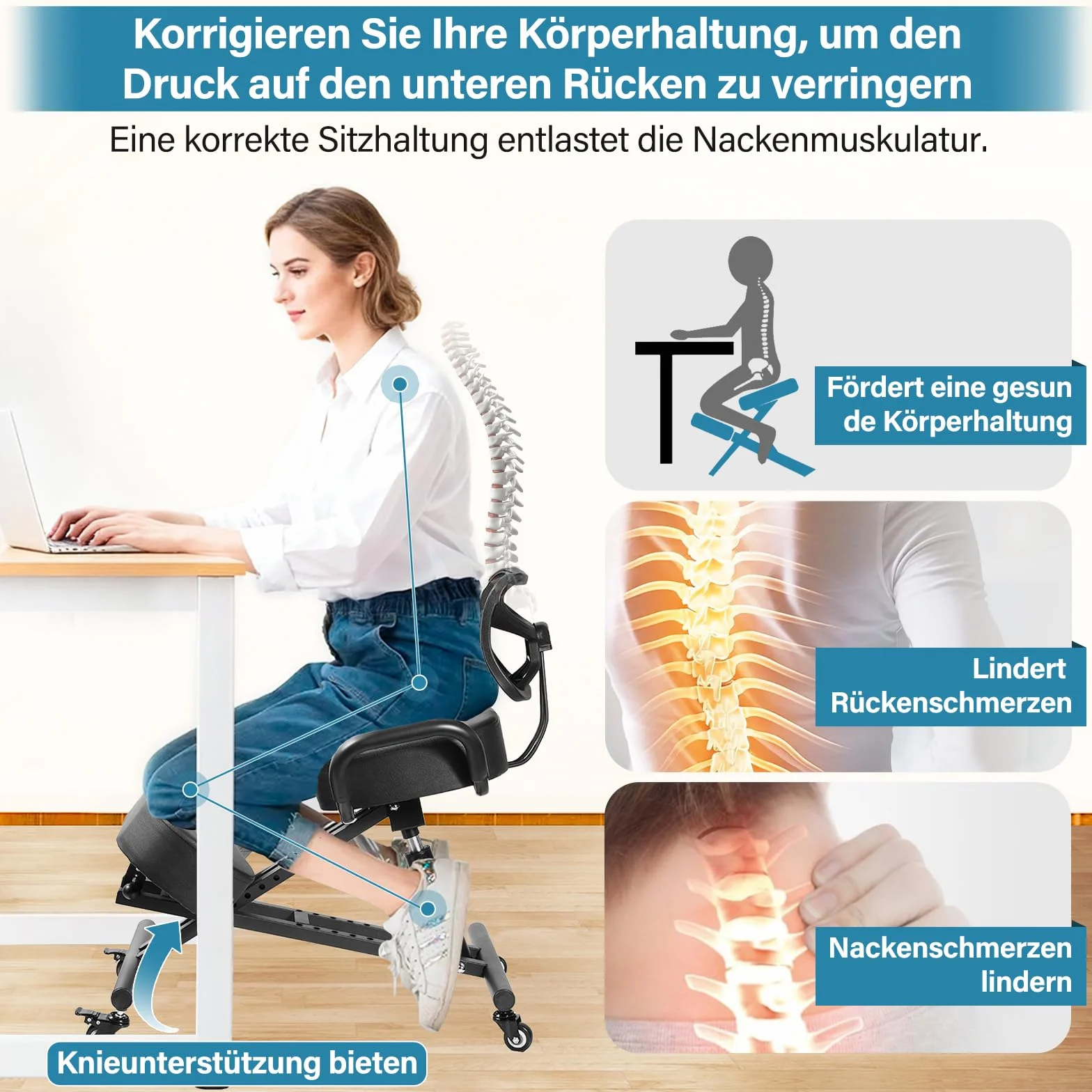 Silla de rodilla, silla ergonómica para la rodilla, sillas de oficina arrodilladas con altura ajustable y soporte lumbar para bancos y salas de conferencias, oficinas, áreas de recepción en el hogar