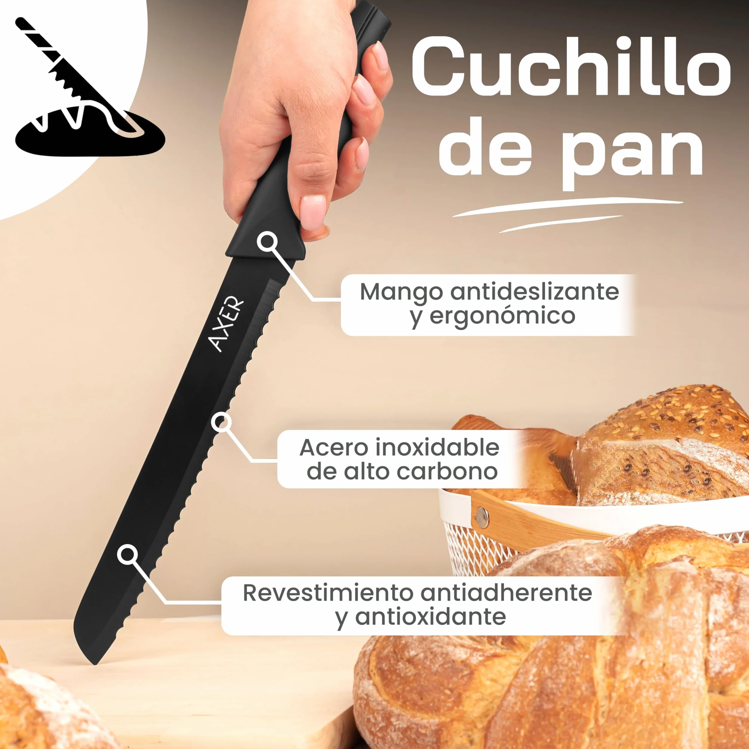 Axer Cuchillo de Pan Negro - Cuchillos Cocina Profesional - Cuchillo Pan con Funda - Bread Knife - Facas de Cozinha Para Pão - Cuchillo Cocina Profesional