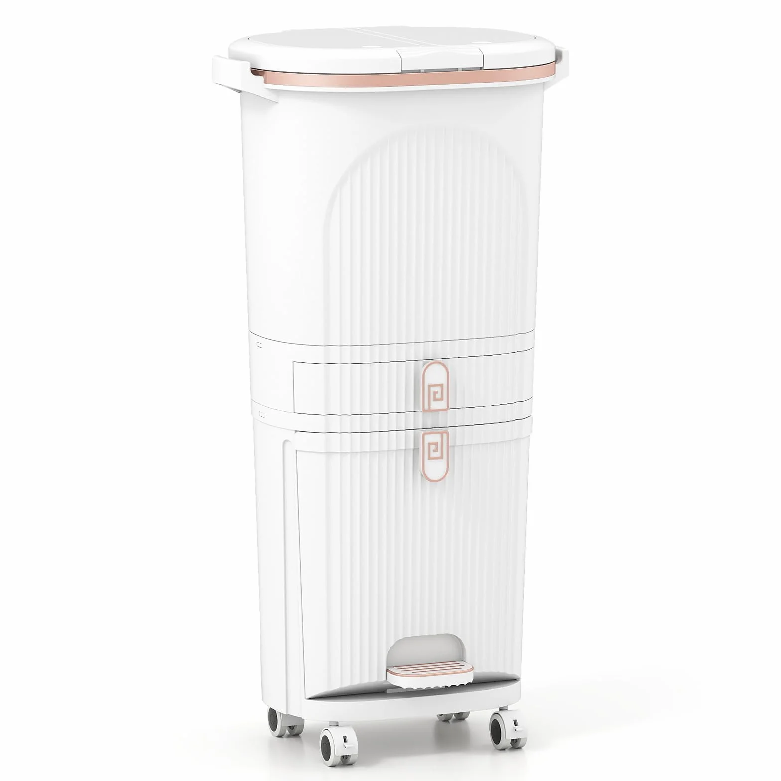 GIANTEX Cubo de Basura de Cocina 42 L, Papelera de Reciclaje Vertical con Ruedas, 3 Cubos Extraíbles, 1 Cajón y Ganchos, Contenedor de PP con Tapas y Pedal, para Oficina, Baño (Blanco)