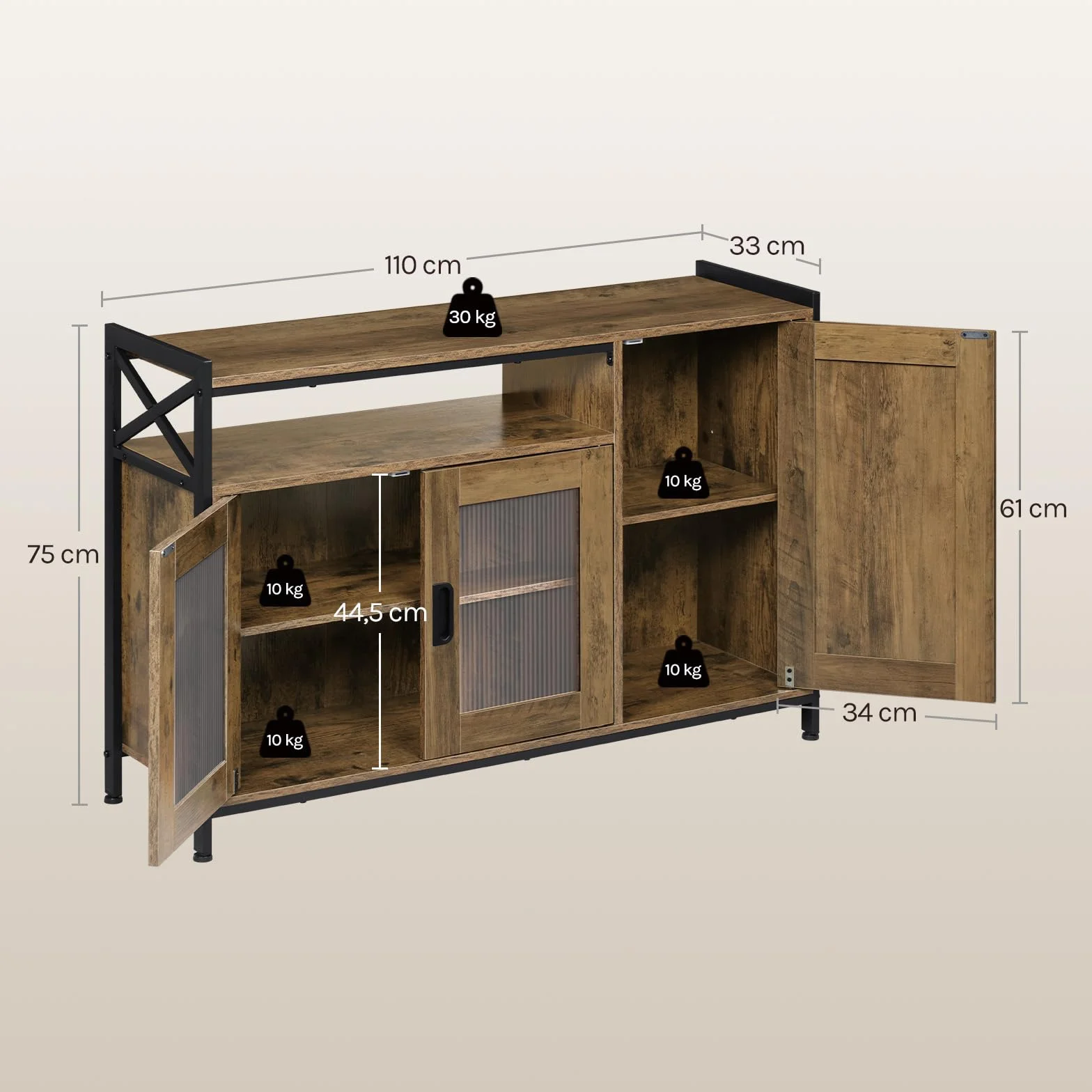 WOLTU Aparador Cocina de Almacenamiento, 3 Puertas, Estantes Ajustables, Mueble Auxiliar de Almacenaje para Cocina Salón y Comedor, Estructura Metal y Madera, 110x33x75 cm, Madera Marrón