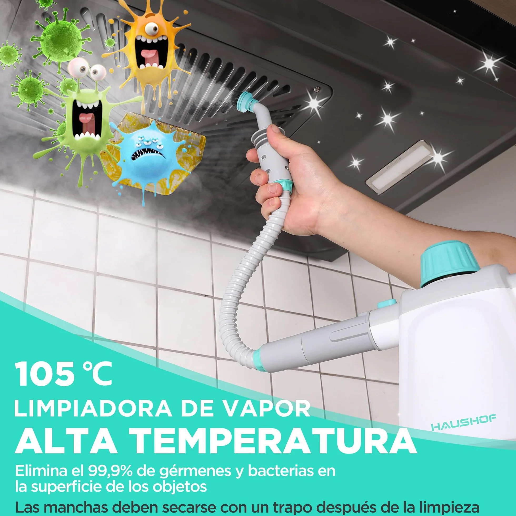 HAUSHOF Limpiador de Vapor 450ml 1200W 3,0 Bar con 8 Accesorios
