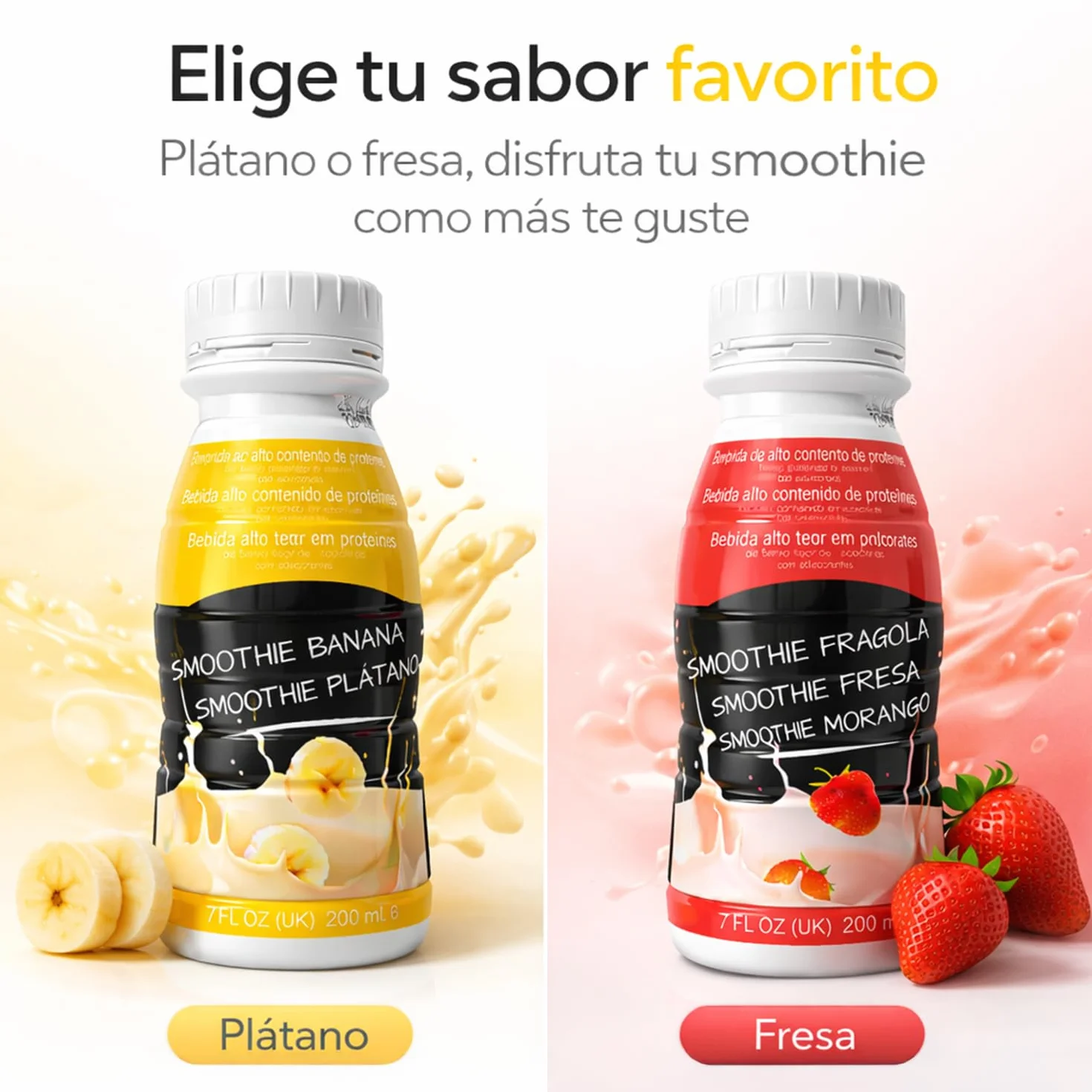 Batidos de proteínas pack x8 botellas 200 ml smoothie cremoso sabor plátano o fresa