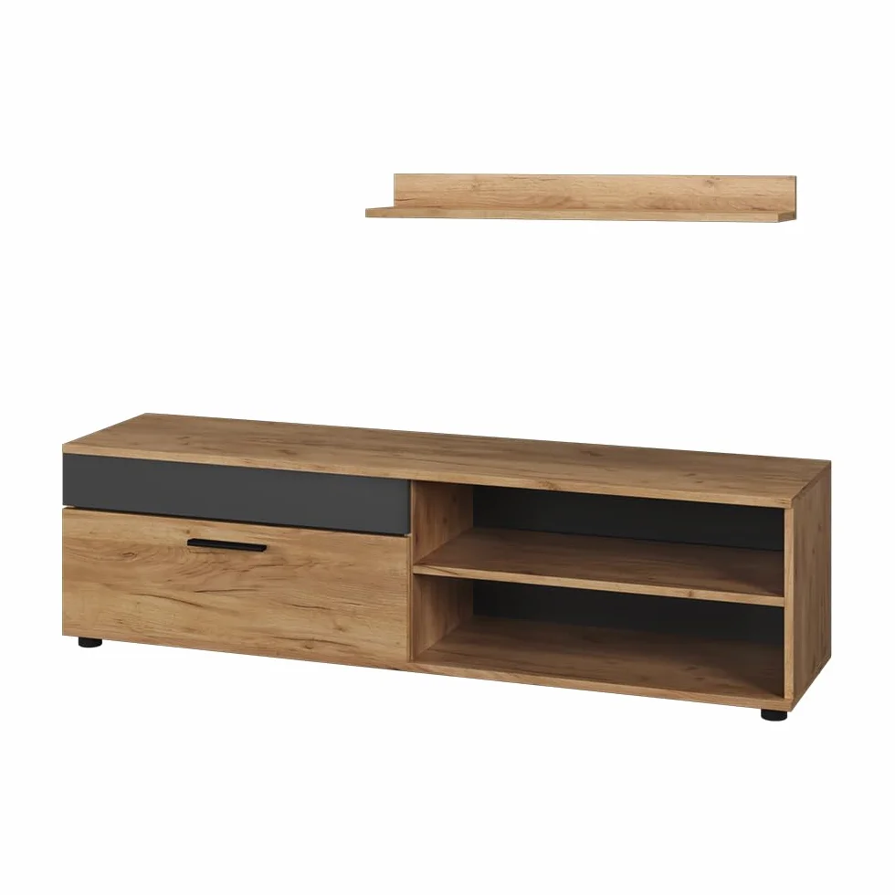 Vicco Tablero bajo y estantería Berno, Oro Power Roble/Antracita, con 1 Solapa, Apto para Montaje en Pared para televisores de hasta 65 Pulgadas