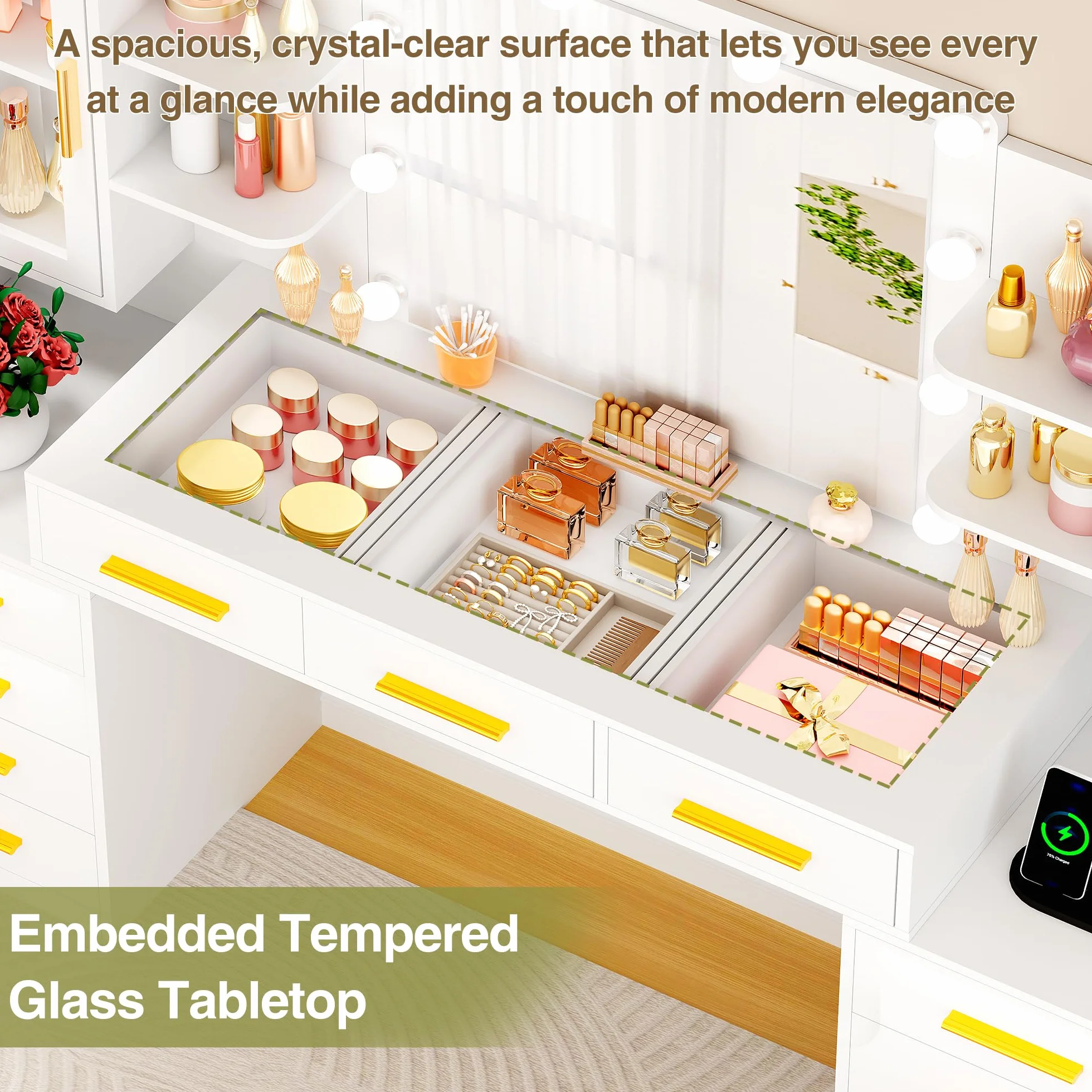ANWBROAD Grande Tocador con Espejo y Luz, Mesa de Maquillaje con 11 Cajones y Enchufes, Blanco BDT27W
