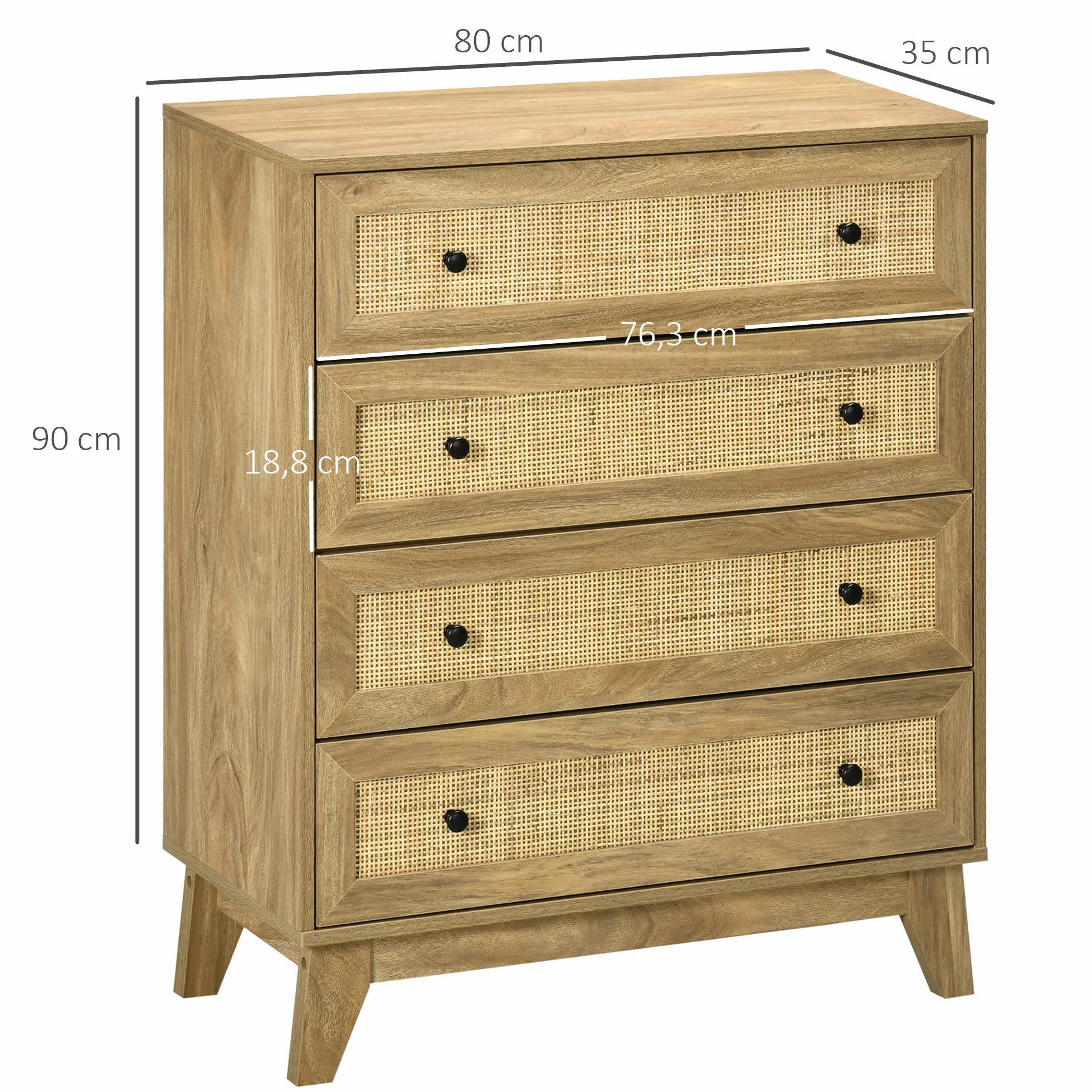HOMCOM Cómoda con 4 Cajones Cómoda Dormitorio Estrecha con Frontales de Ratán y Patas Elevadas Cajonera para Salón Oficina 80x35x95 cm Natural