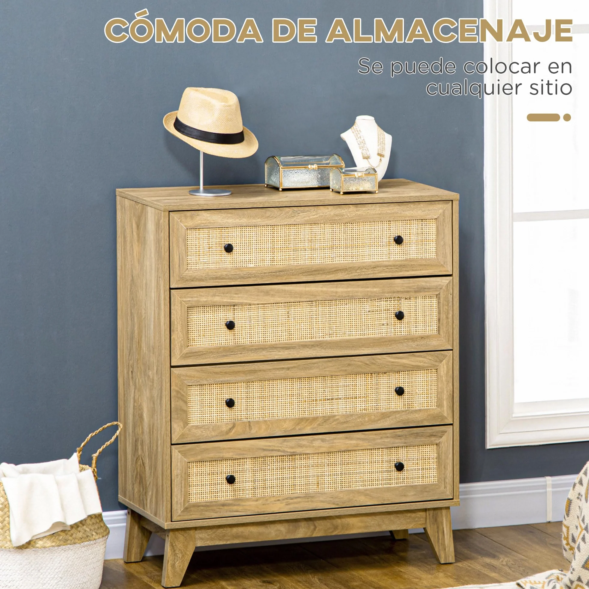 HOMCOM Cómoda con 4 Cajones Cómoda Dormitorio Estrecha con Frontales de Ratán y Patas Elevadas Cajonera para Salón Oficina 80x35x95 cm Natural