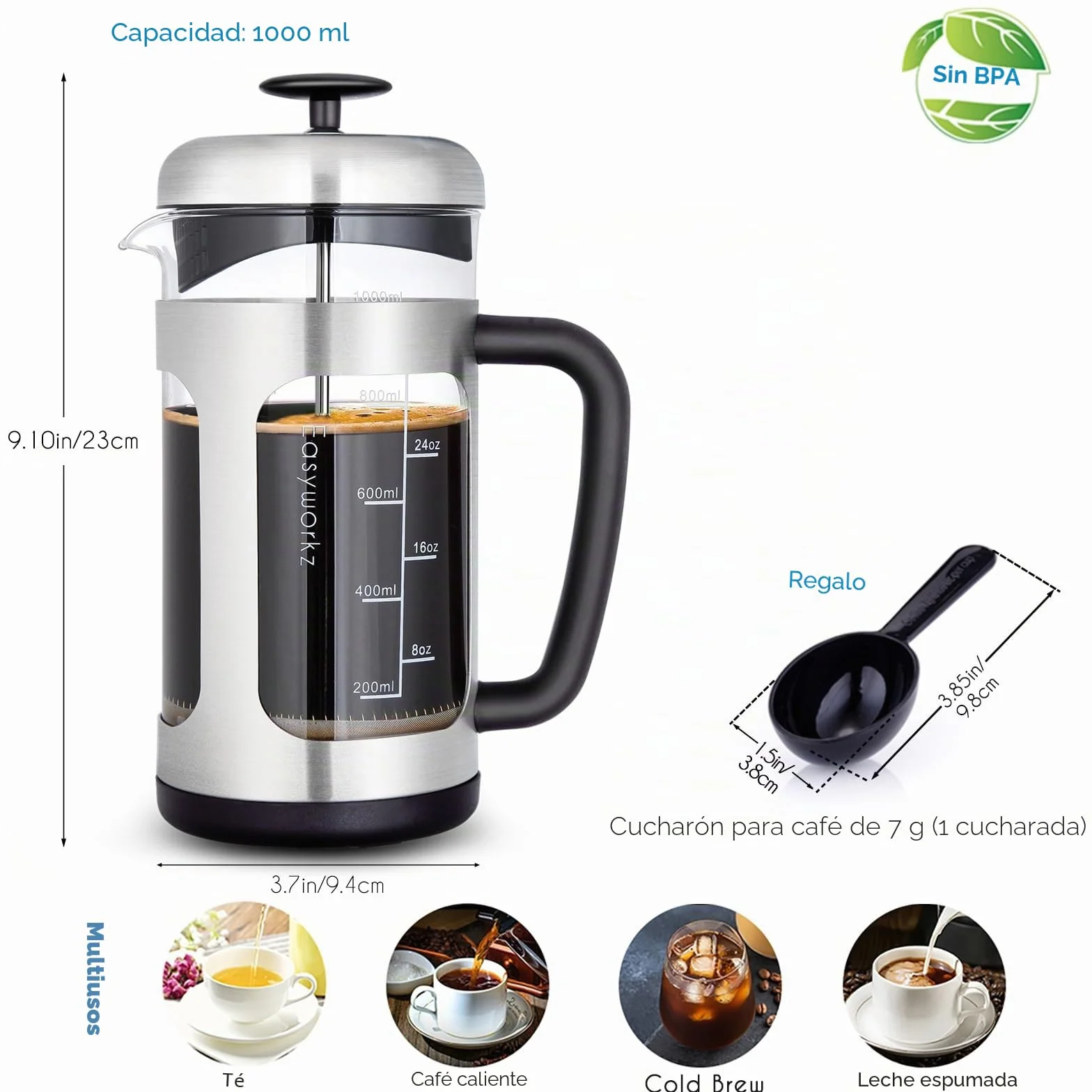 Easyworkz Cafetera de prensa francesa de Acero Inoxidable,vidrio de borosilicato resistente al calor,1000 ml