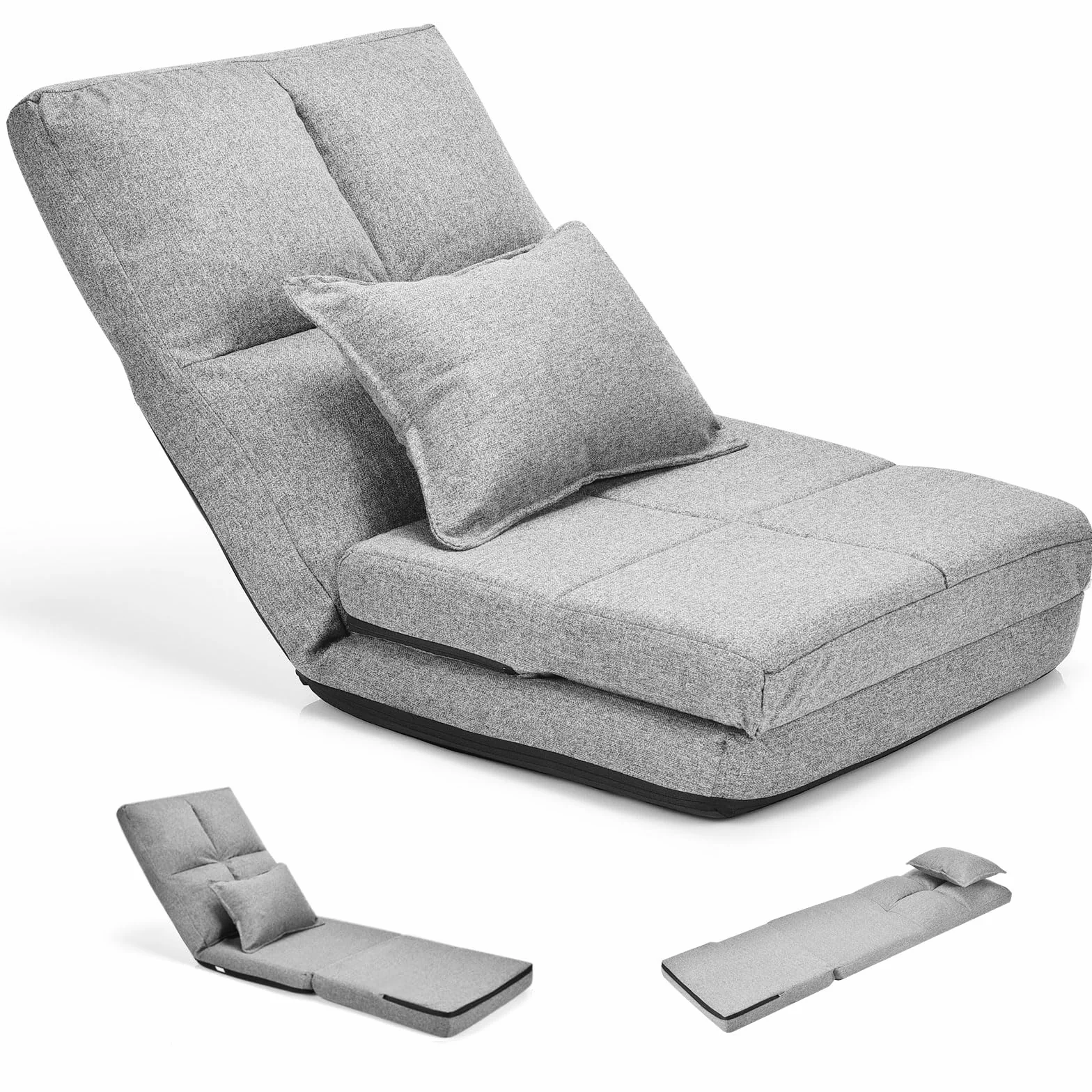 GOPLUS Sofá de Suelo Ajustable en 5 Posiciones, Silla Plegable, Sofá Convertible 1 Plaza, Silla Perezosa para Salón, Oficina, 176 x 61 x 18 cm, Carga 100 kg (Gris)