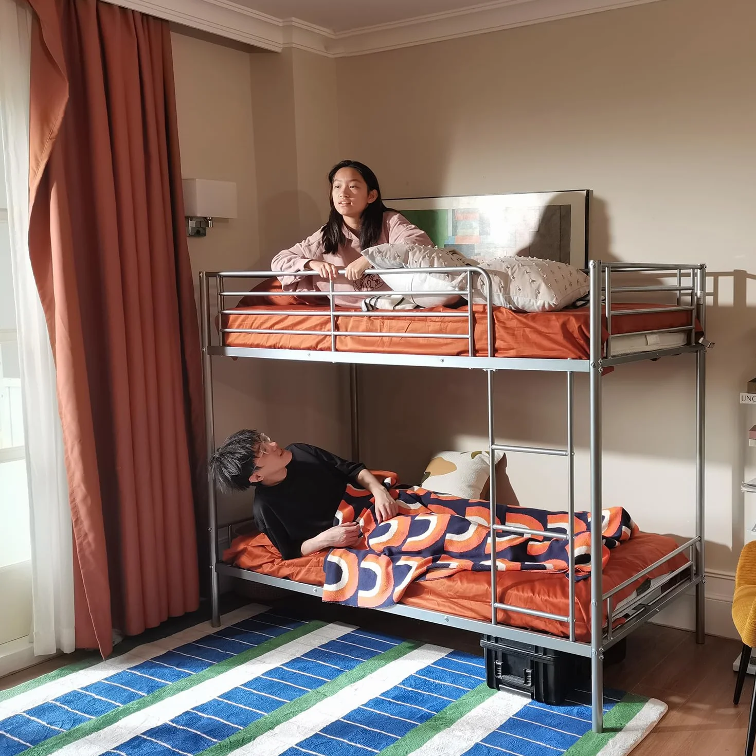 MEUBLE Cosy Litera Marco de Cama Infantil 90x190cm de Metal con Escalera y Somier de Listones Estructura Tubular para Niño Dormitorio Casa, Estilo Industrial, Gris