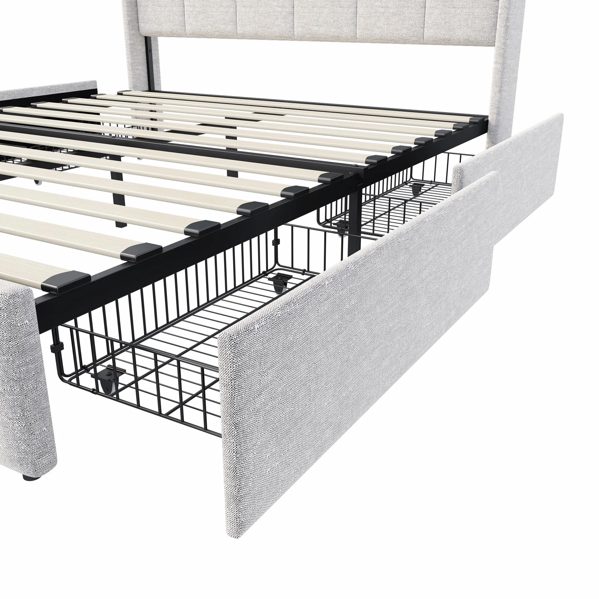 Cama Tapizada 160x200 con Espacio de Almacenamiento, Cama Matrimonial con Toma USB y luz LED, Cama Juvenil con 4 Cajones, Estructura de Cama con cabecero y somier, Tela de Lino, Sin Colchón, Beige A