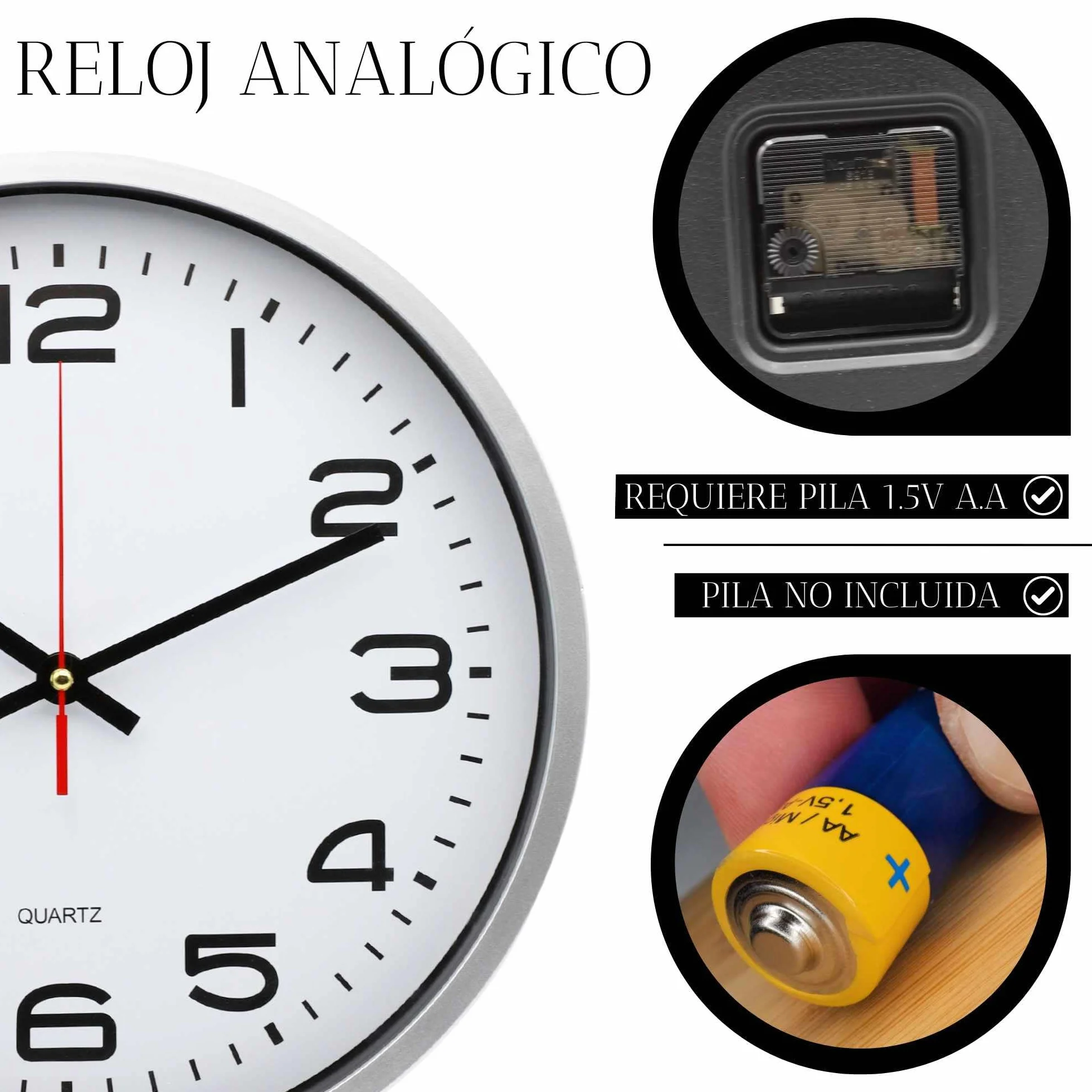 TECHZOCO Reloj de Pared 19.5 cm Cuarzo Silencioso Marco Plateado Esfera Blanca