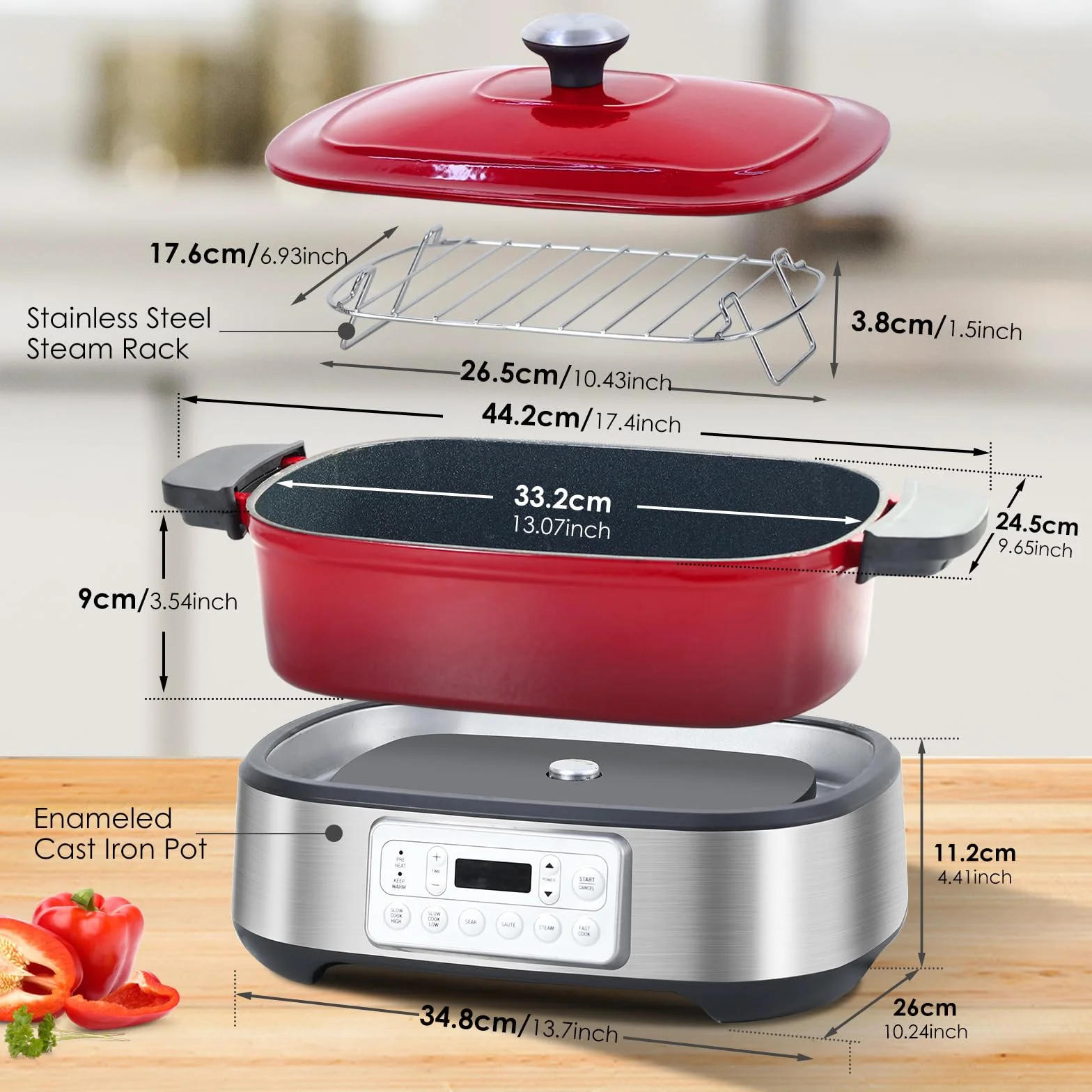 Homtone Cacerola 6 en 1 Slow Cooker 5,5L Programable Esmaltada Extraíble Revestimiento Cerámica Cocción Lenta Vapor Rojo