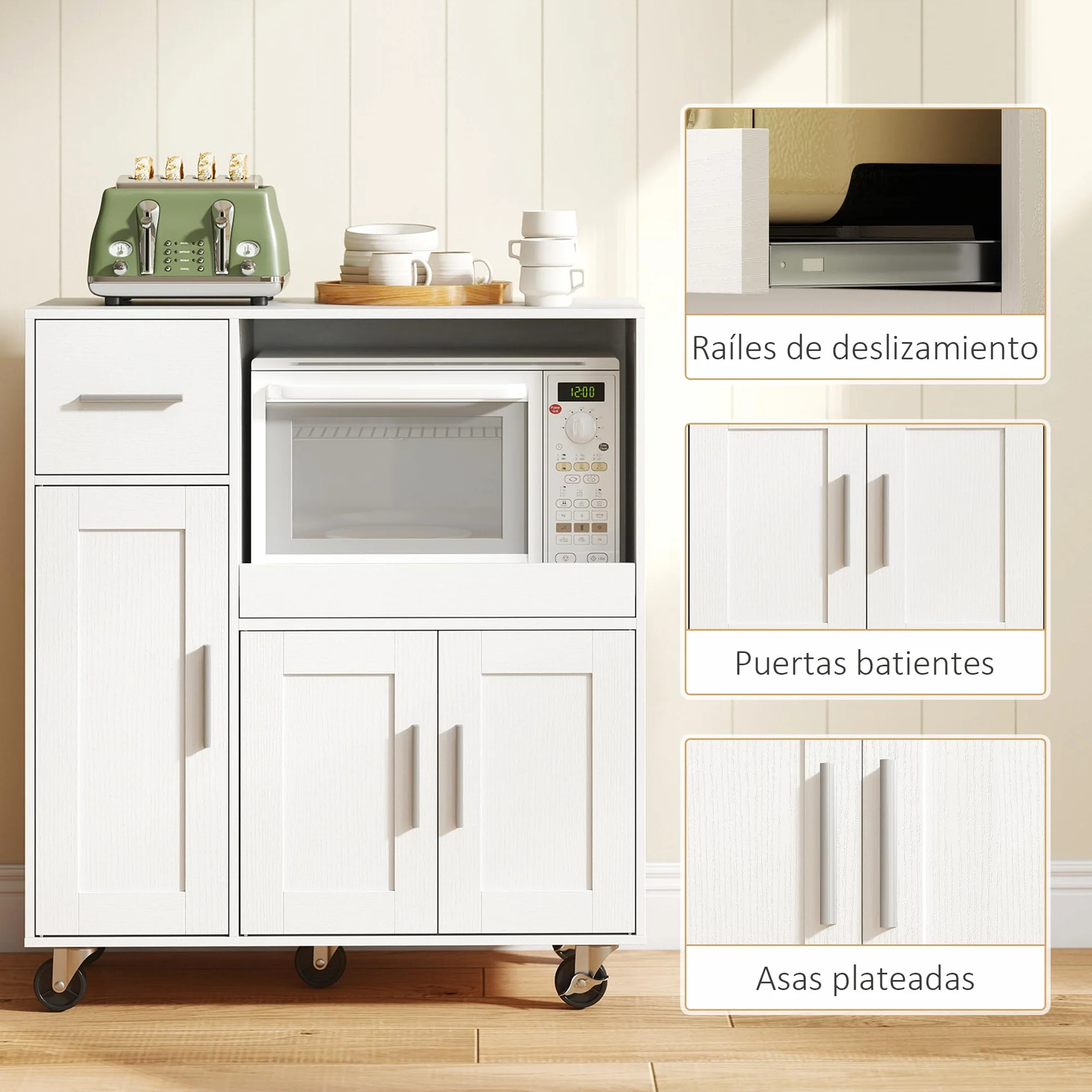 HOMCOM Mueble Auxiliar de Cocina con Ruedas, Aparador de Cocina para Microondas con Bandeja Deslizante, Cajón, 3 Puertas, Estante Ajustable y Orificio para Cables, para Salón, 80x40x88,7 cm, Blanco