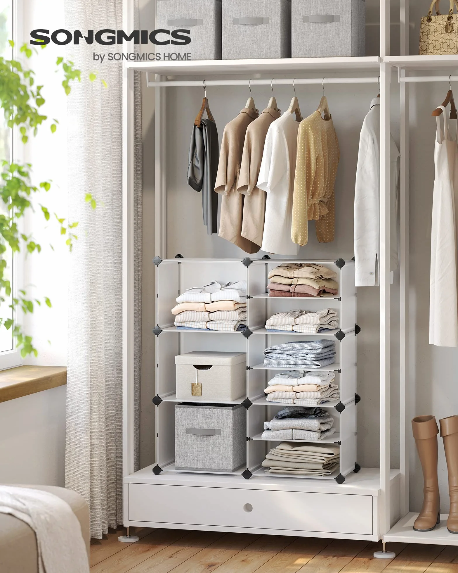 SONGMICS Estantería Modular de 9 Compartimentos, Organizador de Plástico, Zapatero, 30 x 40 x 30 cm, 39 x 40 x 15 cm, Salón, Dormitorio, Estudio, con Martillo de Goma y Hierro, Blanco LPC36W