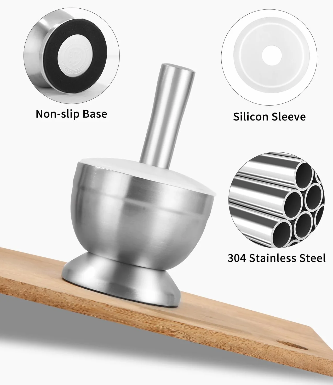 Mortero de Cocina de Acero Inoxidable Con Cuchara y Tapa de Silicona - Molinillo de Especias de Primera Calidad, Trituradora y Tazón de Hierbas - Perfecto Para Moler, Mezclar y Almacenar