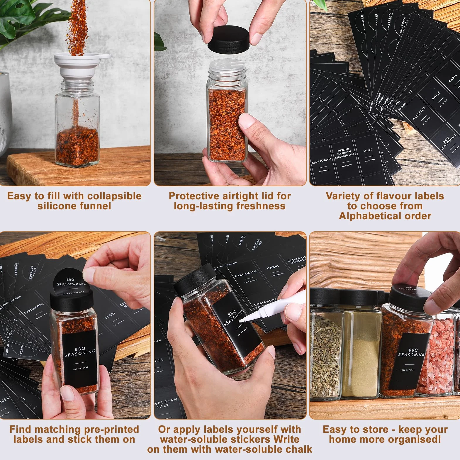 Tarros para Especias Cuadrados de Cristal - Set 24 Piezas de 120ml - con Embudo, Tamiz, Cepillo de Limpieza, Etiquetas y Bolígrafo