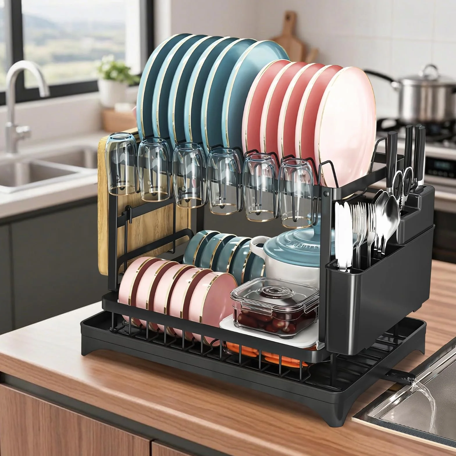 Escurridor de Platos, Soportes para Platos de 2 Niveles, con Drenaje Automático, Soporte para Utensilios, Estante de Dish Escurreplatos Cocina, 42×29×29cm, Negro