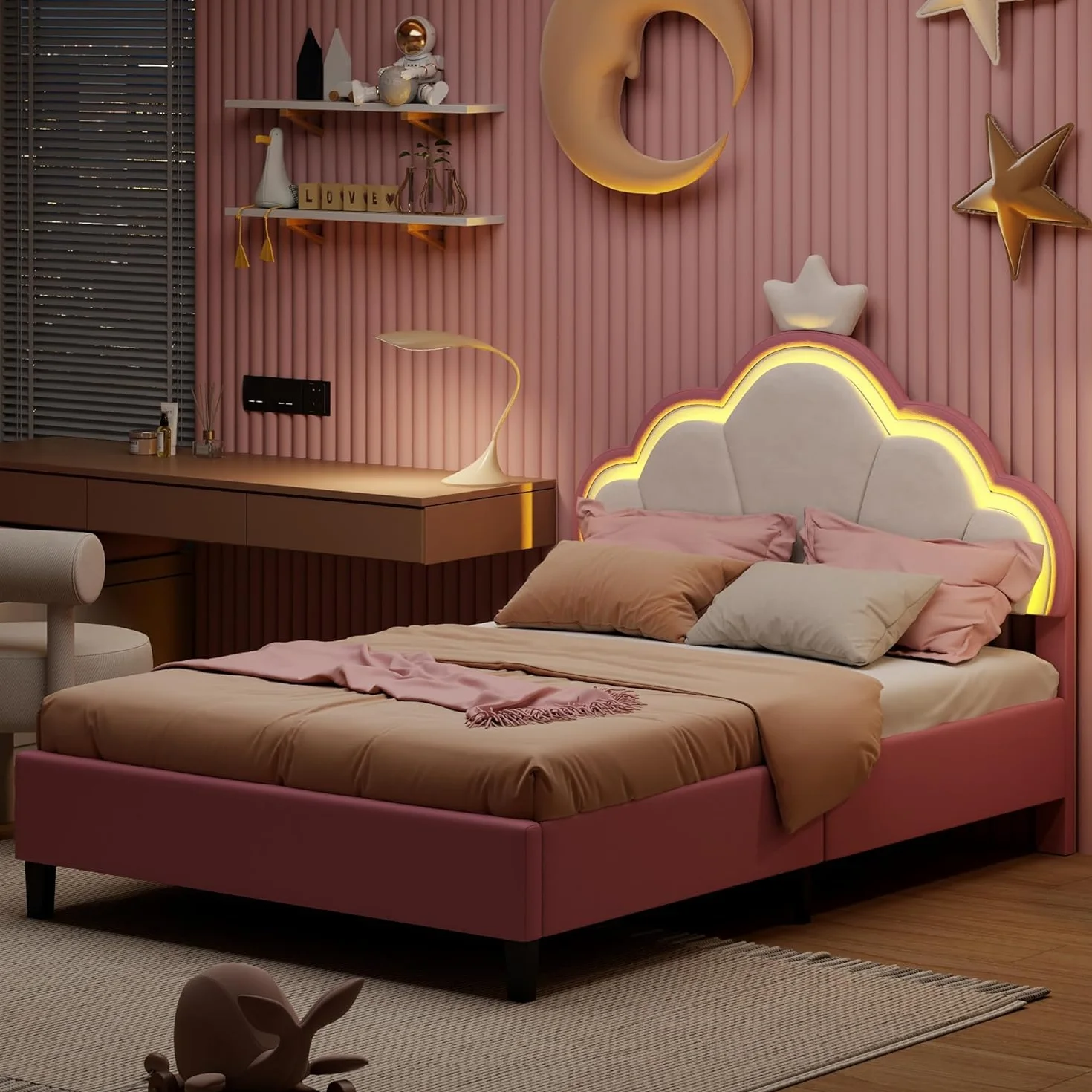 Cama infantil tapizada de 90x200 cm, cama para niñas, camaInfantil, camaPrincesa con cabecero LED ajustable y somier de láminas, camaJuvenil de madera maciza y terciopelo, sin colchón (90*200)