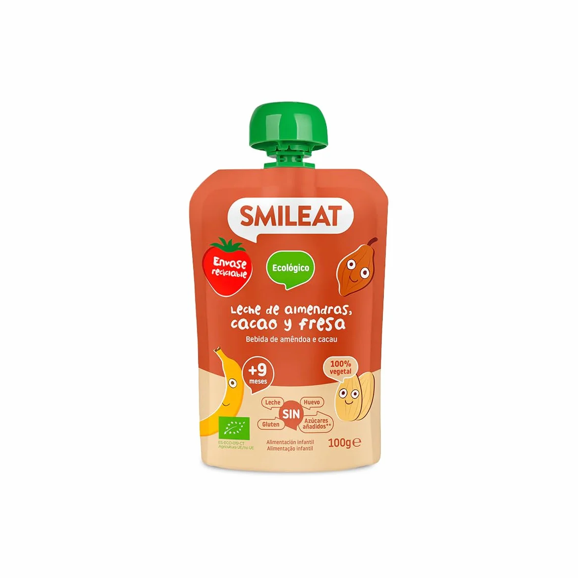 Smileat Pouch de Frutas Ecológicas Sin Sal ni Azúcar Añadido Sin Gluten Snack Práctico para Peques Sabor a Leche de Almendras Cacao y Fresa