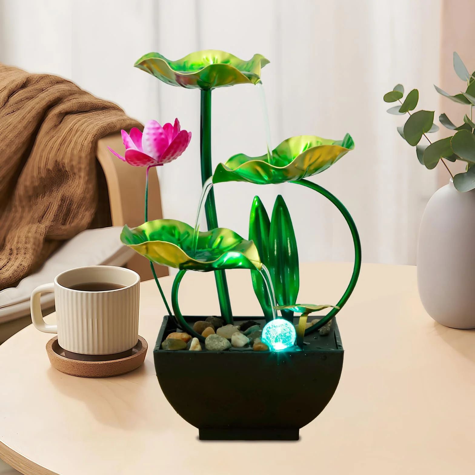 Fuente de Agua de Mesa para Interiores Con Anillo de Luces LED - Alimentada por USB, para Escritorio, Meditación, Relajación y Decoración Zen