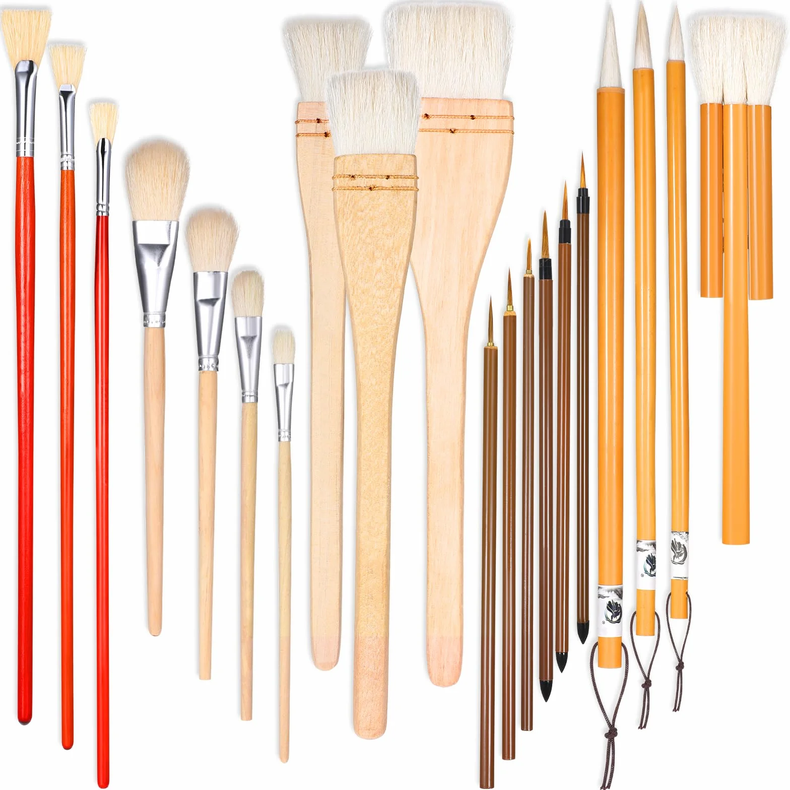 Juego de 20 pinceles de cerámica para esmalte, pinceles de cerámica de madera con mango largo, diferentes formas, herramienta de pincel de lana, acuarela, óleo, acrílico, suministros de pintura para
