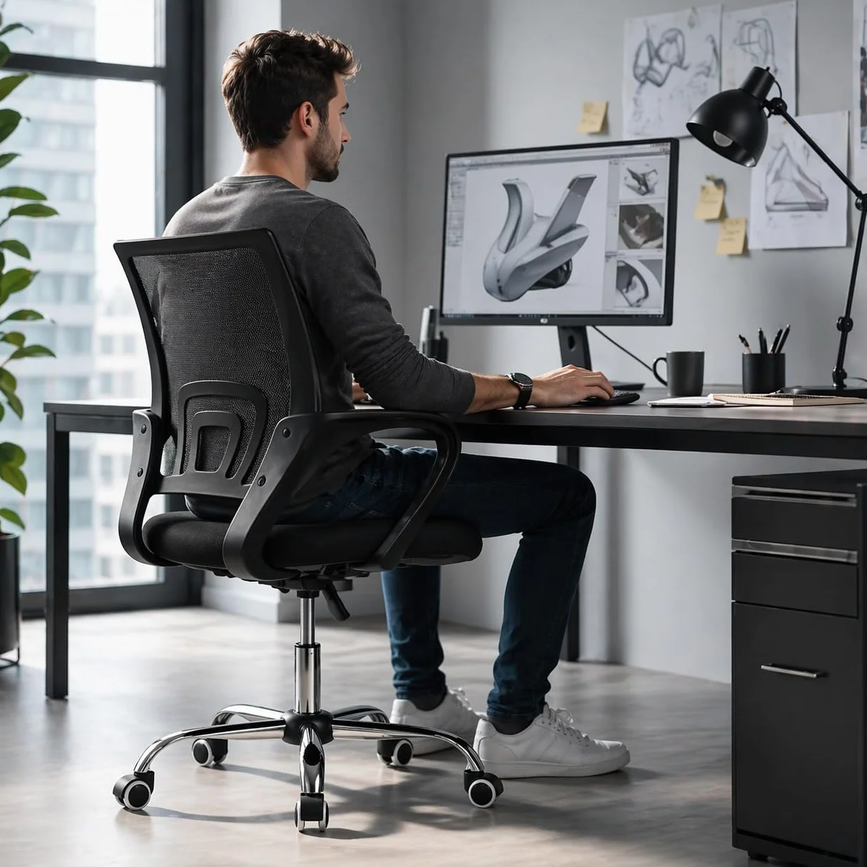 Silla de Oficina Ergonómica con Ruedas y Respaldo Transpirable Altura Regulable Soporte Lumbar