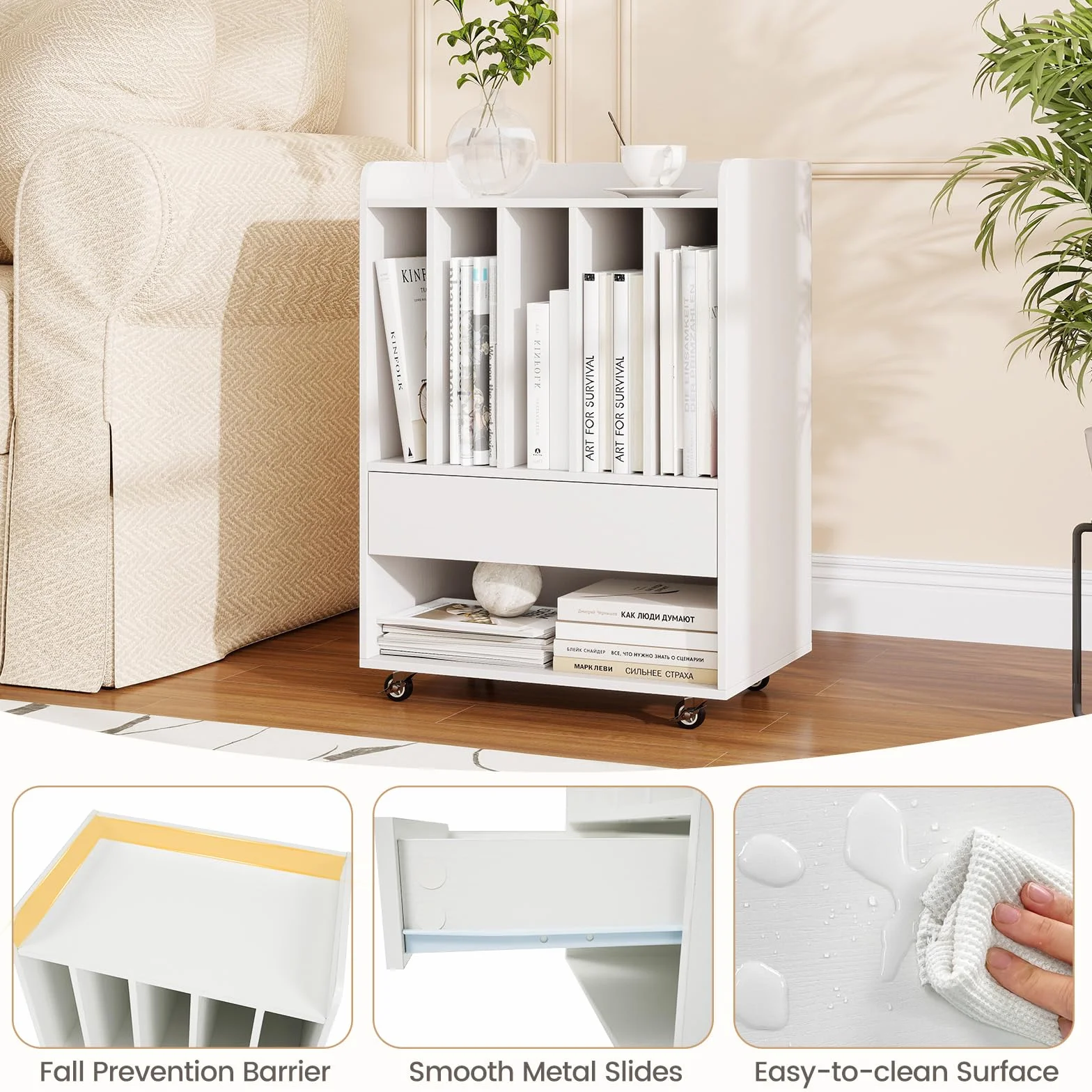 KOMFOTTEU Soporte para Tocadiscos con Ruedas, Mesa Auxiliar, 5 Compartimentos, Cajón, Estante Inferior, Ganchos, Armario de Almacenamiento, 52 x 35,5 x 73 cm, Blanco