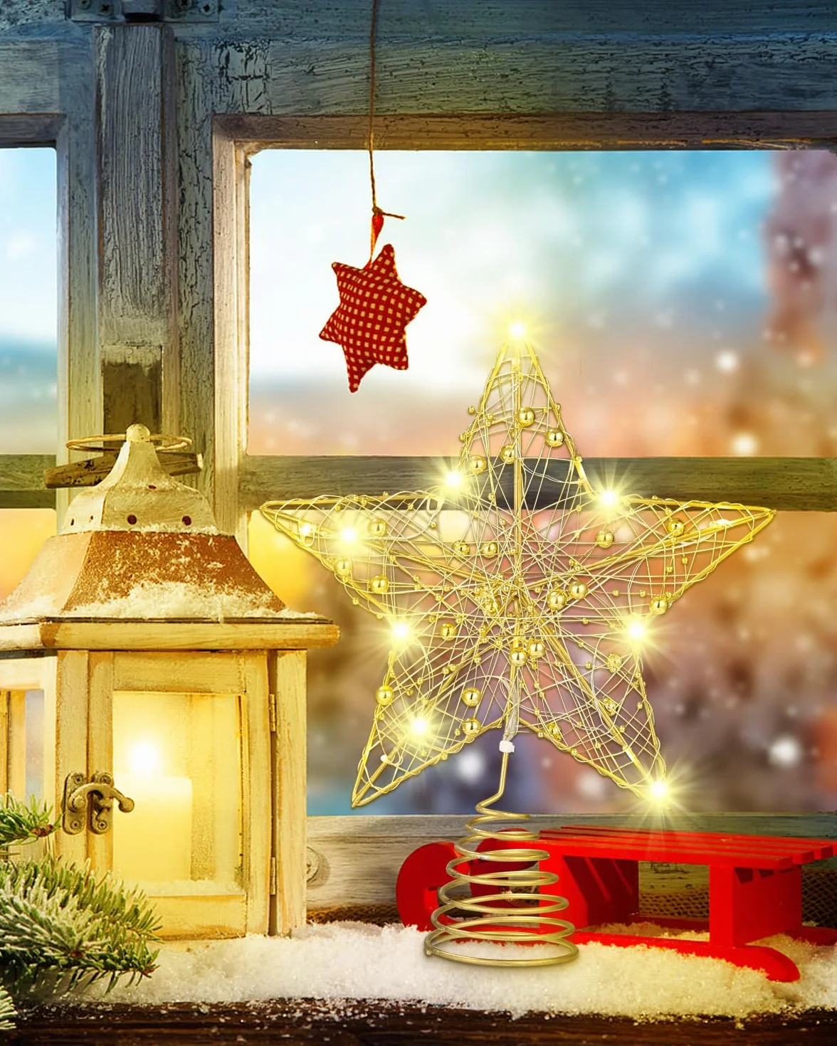 Estrella LED de Cinco Puntas para Árbol de Navidad - Decoración Topper de Metal Oro 25cm