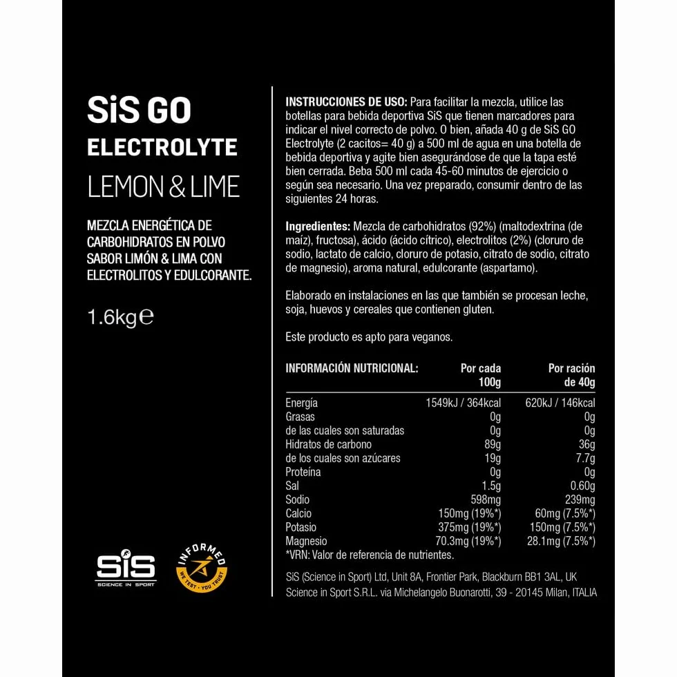 Science in Sport GO Polvo Electrolítico 1,6kg Limón Lima, Vegano - Bebida isotónica con electrolitos y carbohidratos