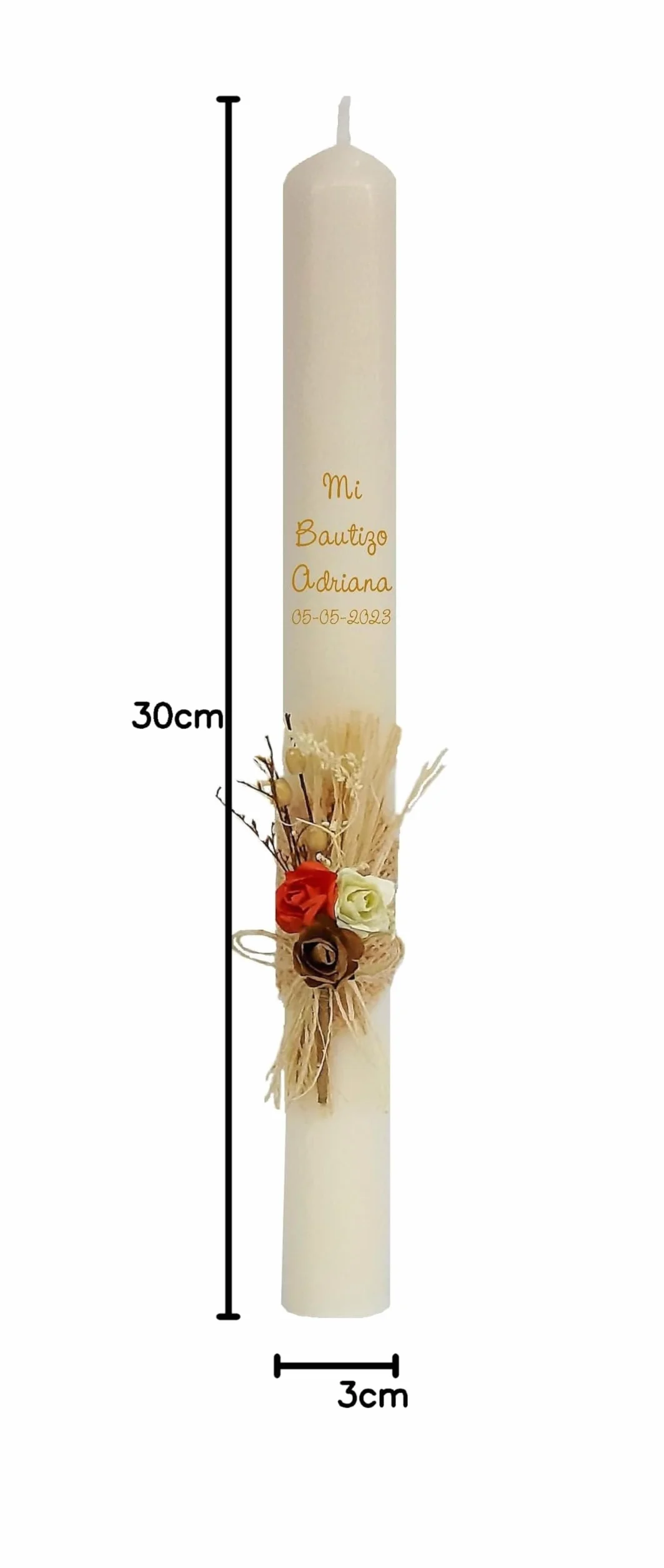 Vela/Cirio de bautizo de CERA BEIG decorada con pick floral rústico para niño/a (RUSTICO)