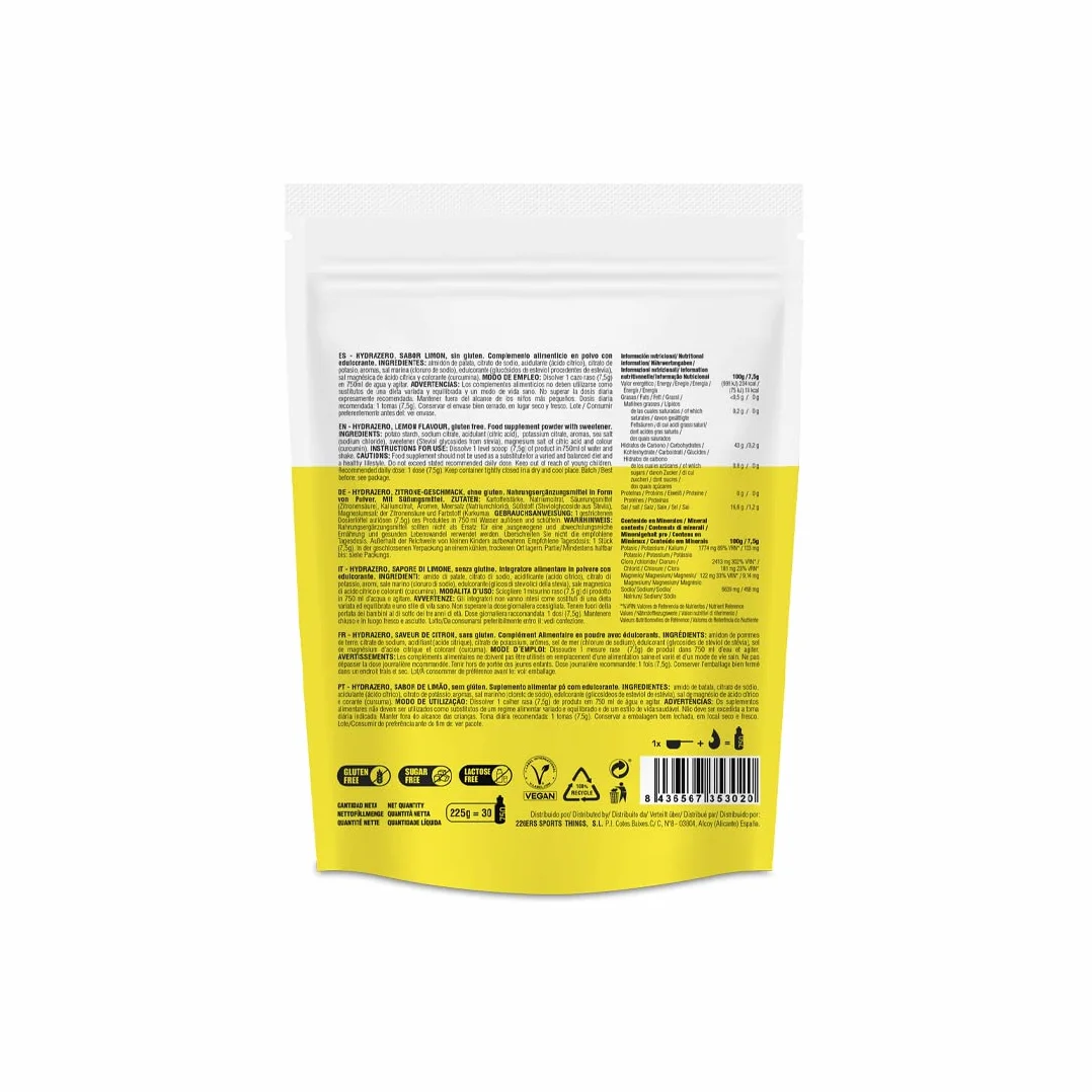 226ERS Hydrazero Bebida Hipotónica Deportistas Sales Minerales Electrolitos Hidratación Recuperación Energía Vegano sin Gluten Sabor Limón 225 g