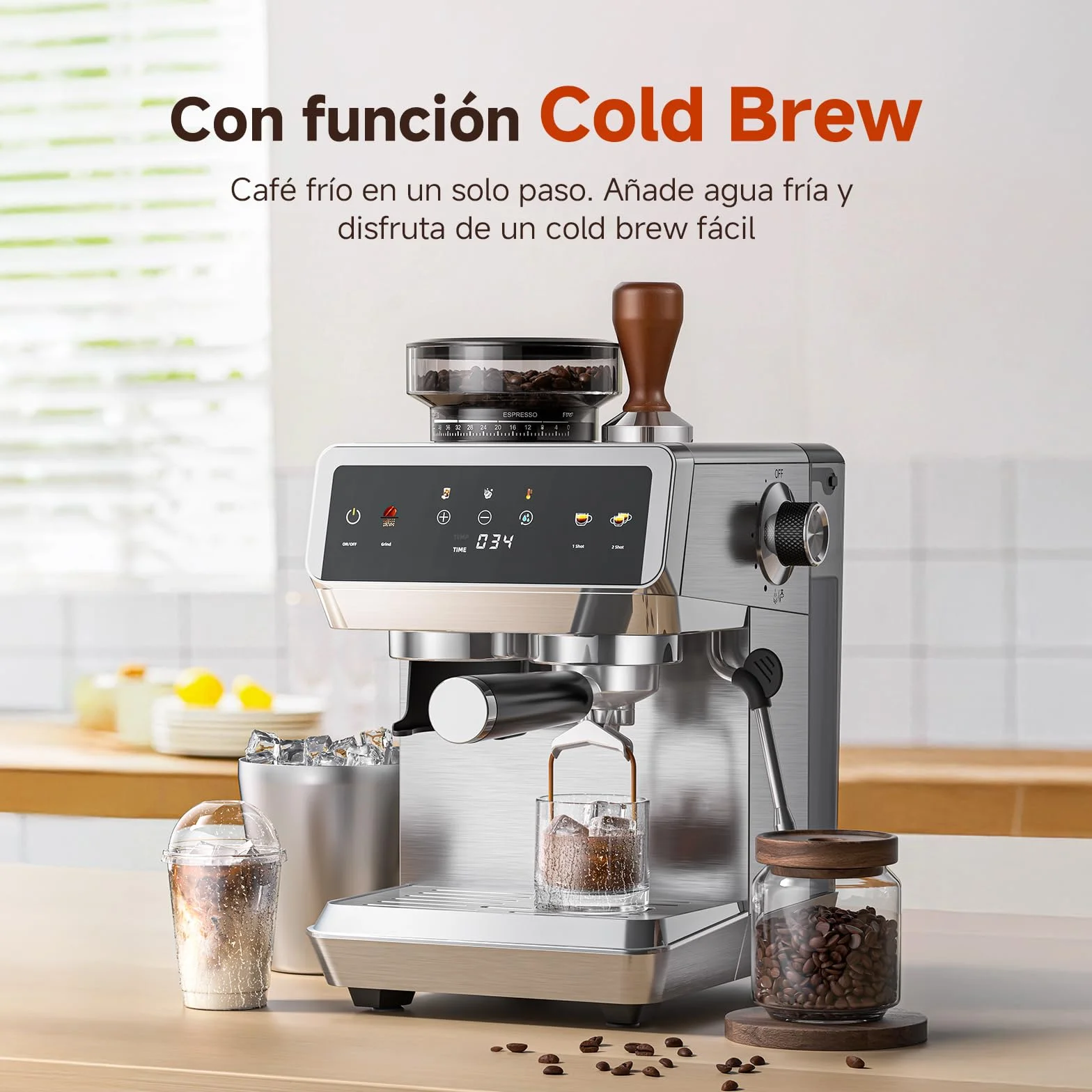 AMZCHEF Cafetera Espresso con Molinillo Integrado 20 Bares – Máquina de Café con 44 Ajustes de Molienda，Vaporizador de Leche, 4 Temperaturas, Función Café Frío, Acero Inoxidable, Depósito 1.8L