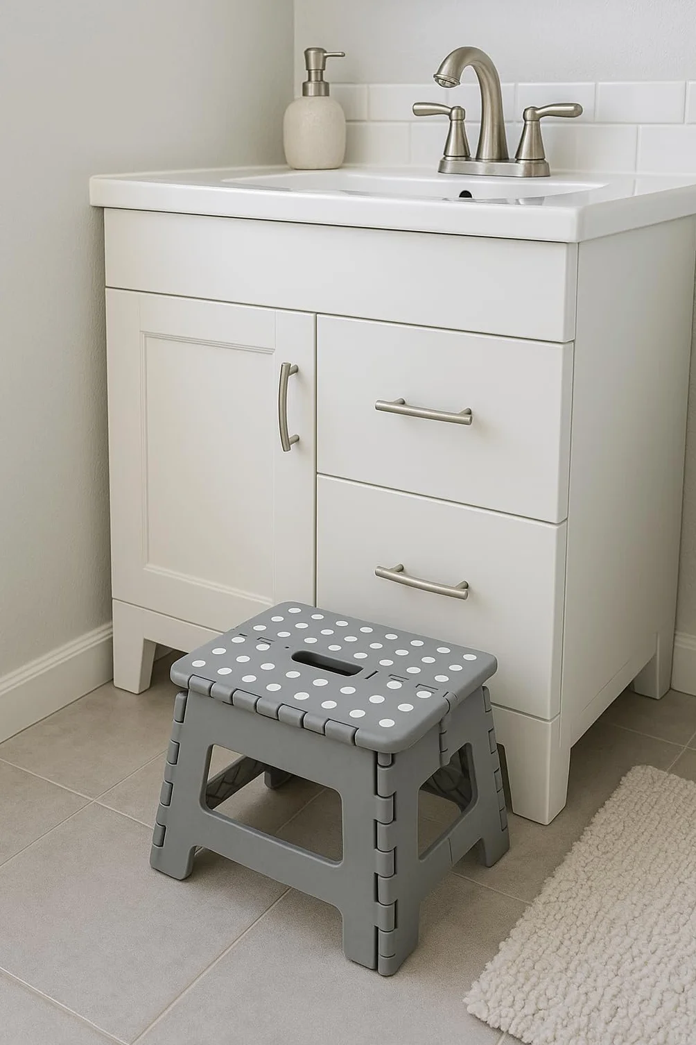 Taburete Plegable Antideslizante, Plástico Resistente hasta 100 kg, Compacto y Portátil con Asa, para Adultos y Niños, Ideal para Cocina, Baño y Hogar – (Blanco)