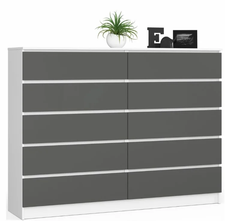 BDW: Cómoda con 10 cajones, cómoda K160, aparador, Muebles para salón, Dormitorio y recibidor, Armario de Oficina, Material Robusto y diseño Moderno - 160x40x121 cm, Blanco/Gris