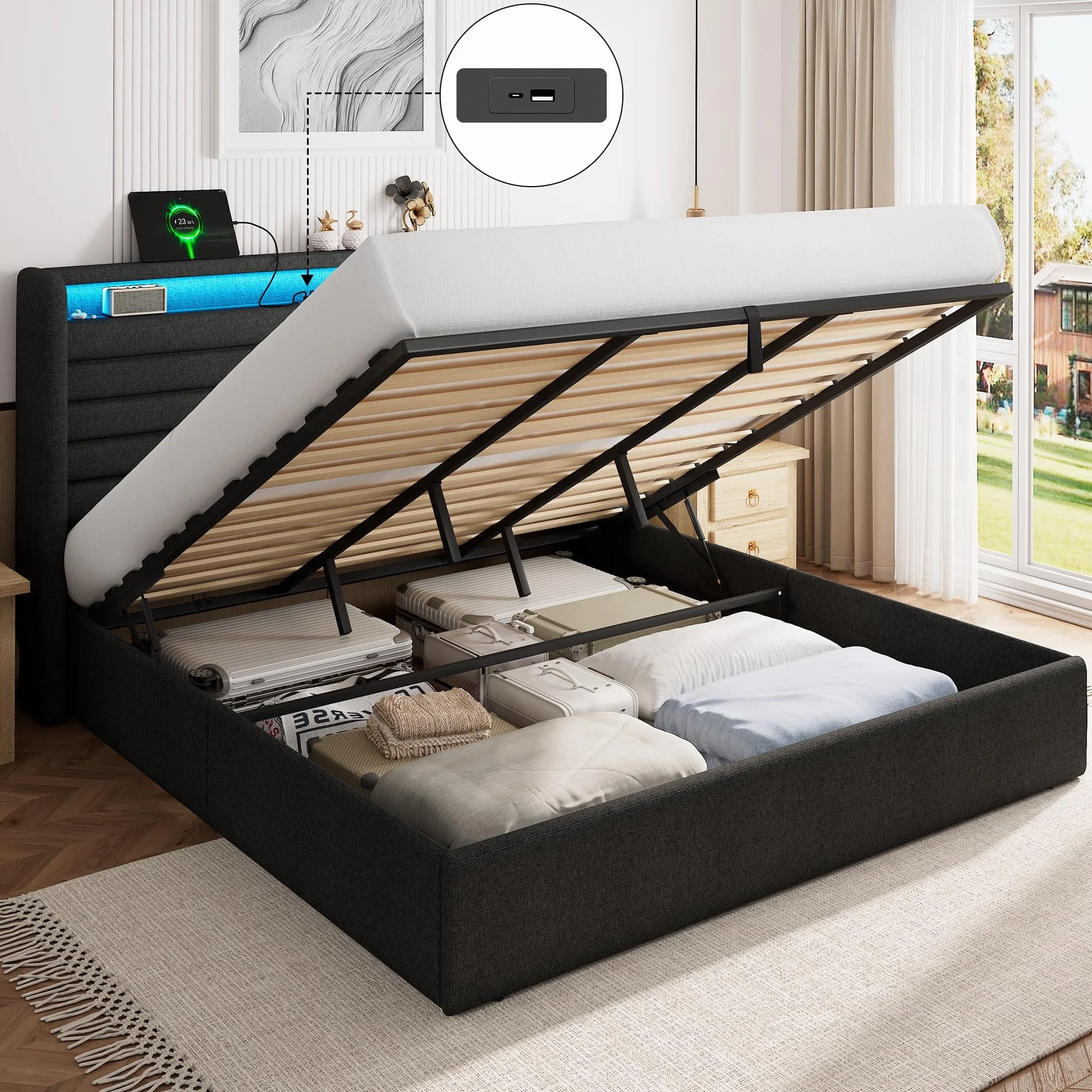 FEONASE Cama 160x200 cm con Almacenamiento, Tapizada, LED y Carga, Cabecero Hidráulico de Lino