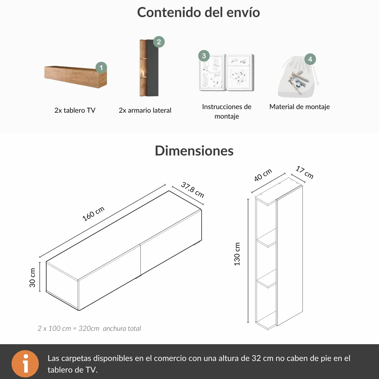 Planetmöbel Mueble de televisión, Mesa para TV de 320 cm de Largo, 2X armarios de televisión suspendidos de 40x130x17 cm para el salón, 2X Muebles Bajos de 160x30x37,8 cm, Roble Dorado